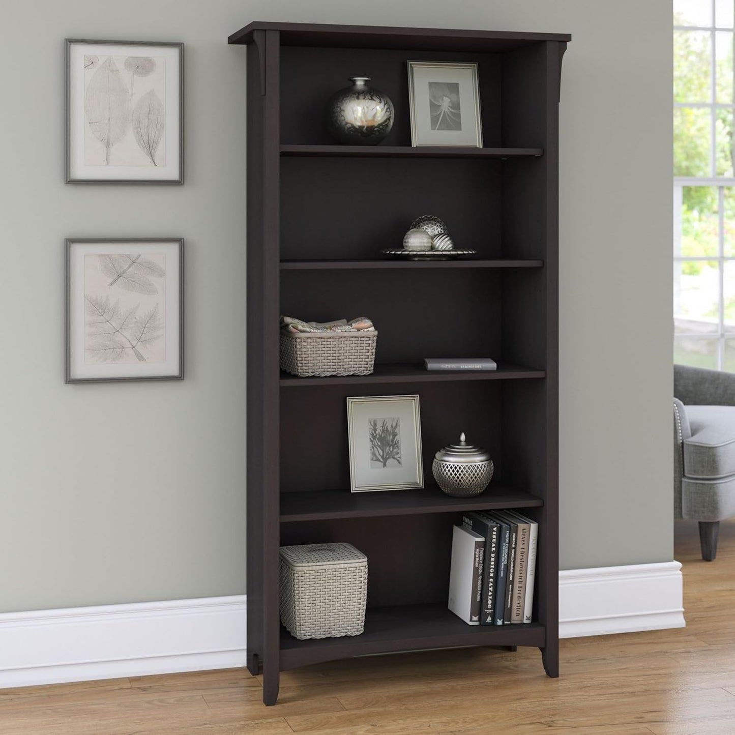 Bush Furniture Salinas 5 Shelf Bookcase In Vintage Black, Tall Bookshelf, Large Book Shelf For Living Room, Home Office, Or Entryway