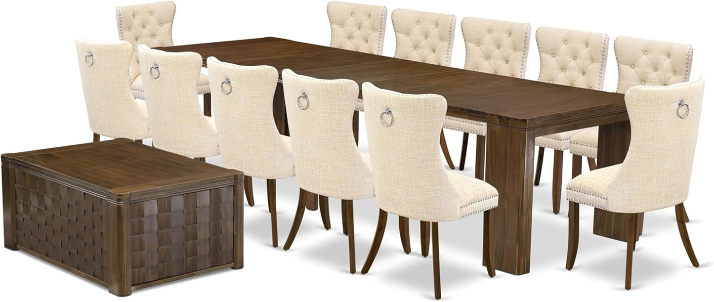 X12DA-0C8-32 - 14 Pieces Dining Set Includes an Extendable Rectangle Kitchen Table, 1 Coffee Table and 12 Polyester Fabric Dining Chairs, 39x120 Inch, Antique Walnut