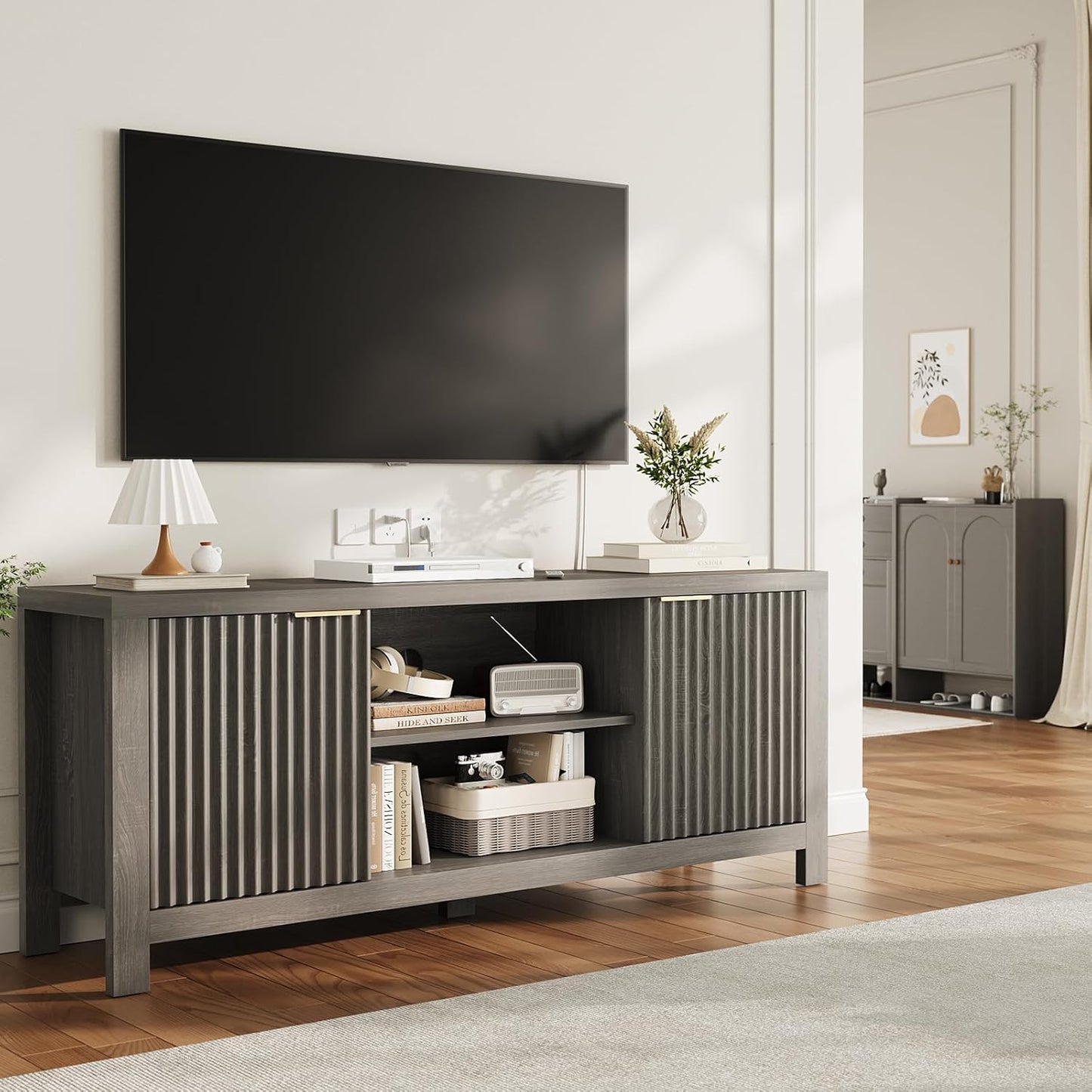 59" TV Stand for TVs Up to 65 Inches, Mid Century Modern TV Entertainment Center with Storage Cabinets & Open Shelves, Wood TV Cabinet for Living Room, Gray Oak