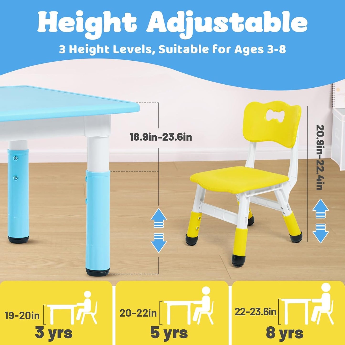 FUNLIO Kids Table and 2 Chairs Set, Height Adjustable Toddler Table and Chair Set for Ages 3-8, Easy to Wipe Arts & Crafts Table, for Classrooms/Daycares/Homes, CPC & CE Approved, Multi-Color
