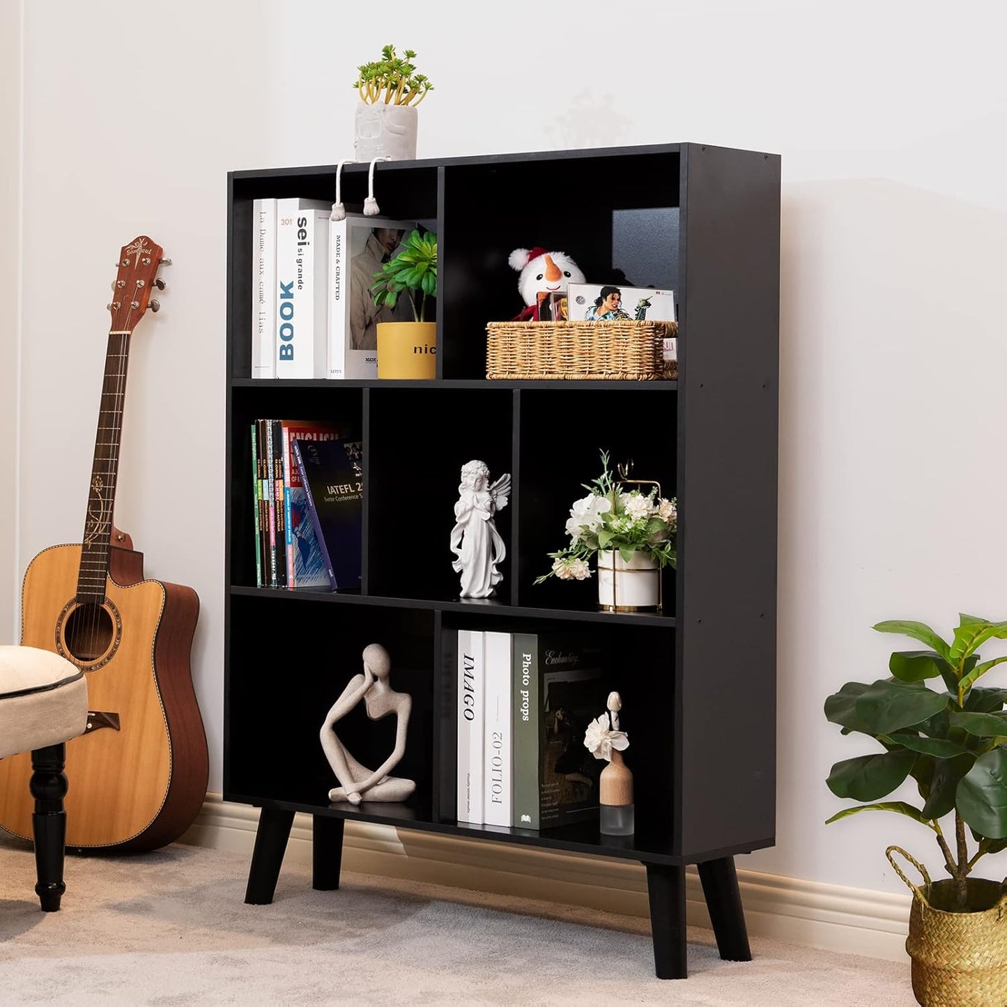 YAHARBO Black Bookshelf,3 Tier Modern Bookcase with Legs,Bookshelves Wood Storage Shelf, Open Book Shelves Cube Organizer,Freestanding Short Bookcases