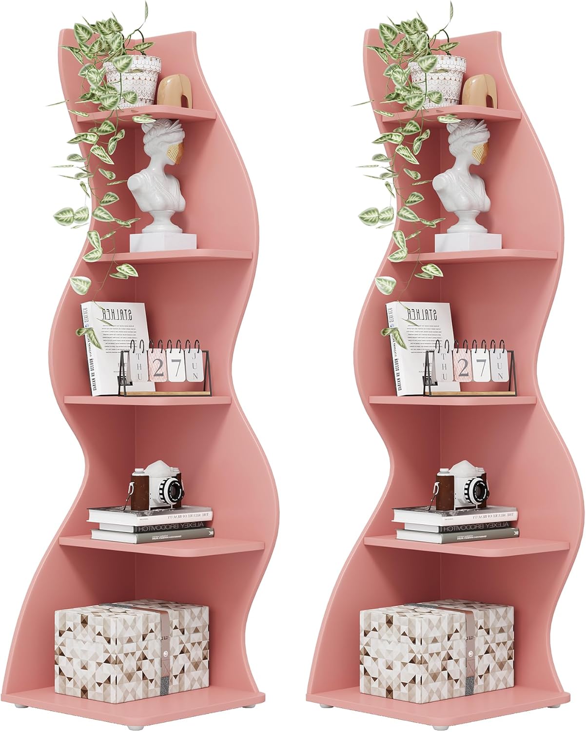 Tribesigns Corner Shelf, Modern 5-Tier Wall Corner Bookshelf, Stylish Corner Small Bookcase Storage Rack Plant Stand with Unique Shape for Living Room, Home Office (Pink, 2PCS)