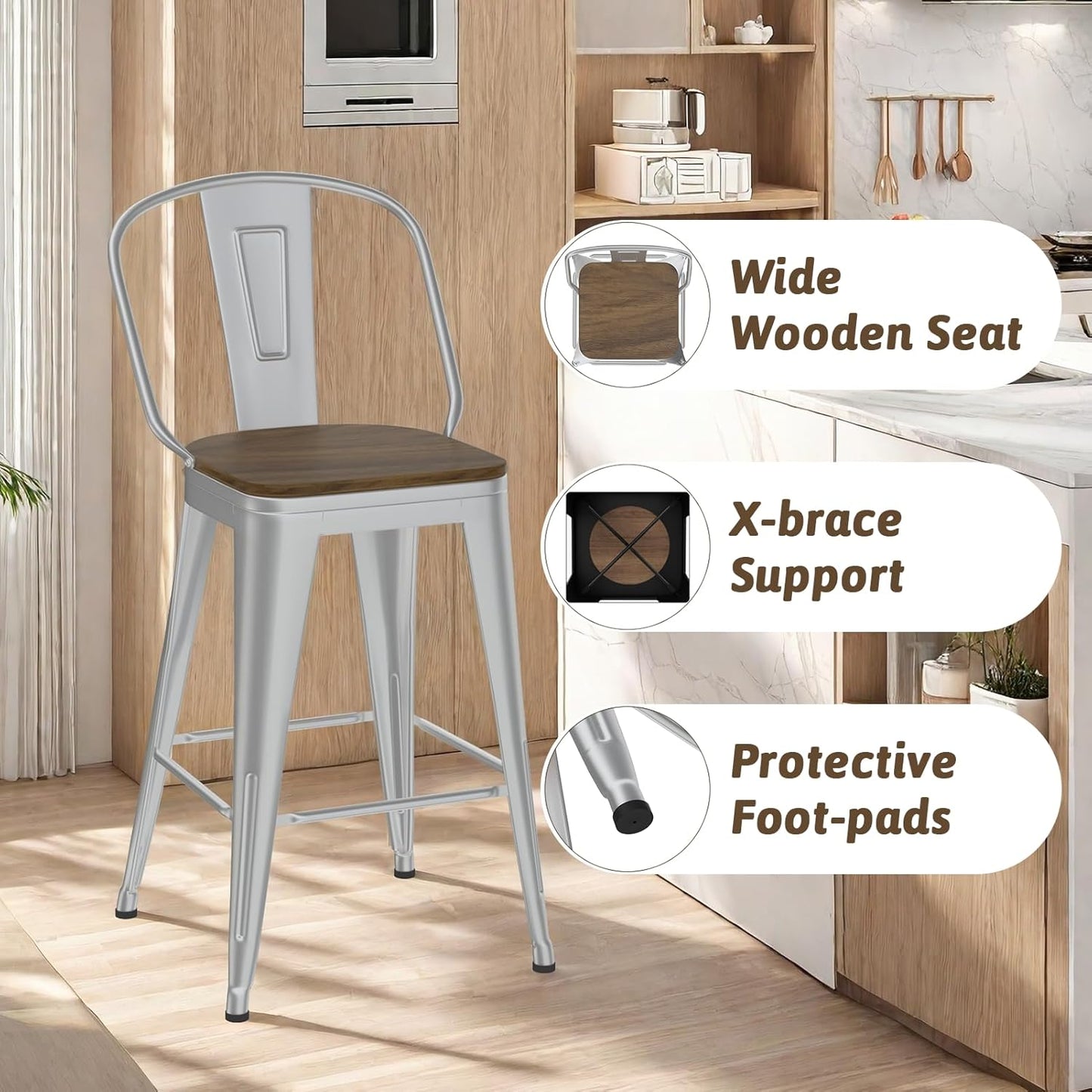 30” Swivel Bar Stools Set of 4, Counter Height Bar Stools Wooden Seat, Metal Industrial Bar Chairs with High Back for Kitchen Island (Silver)