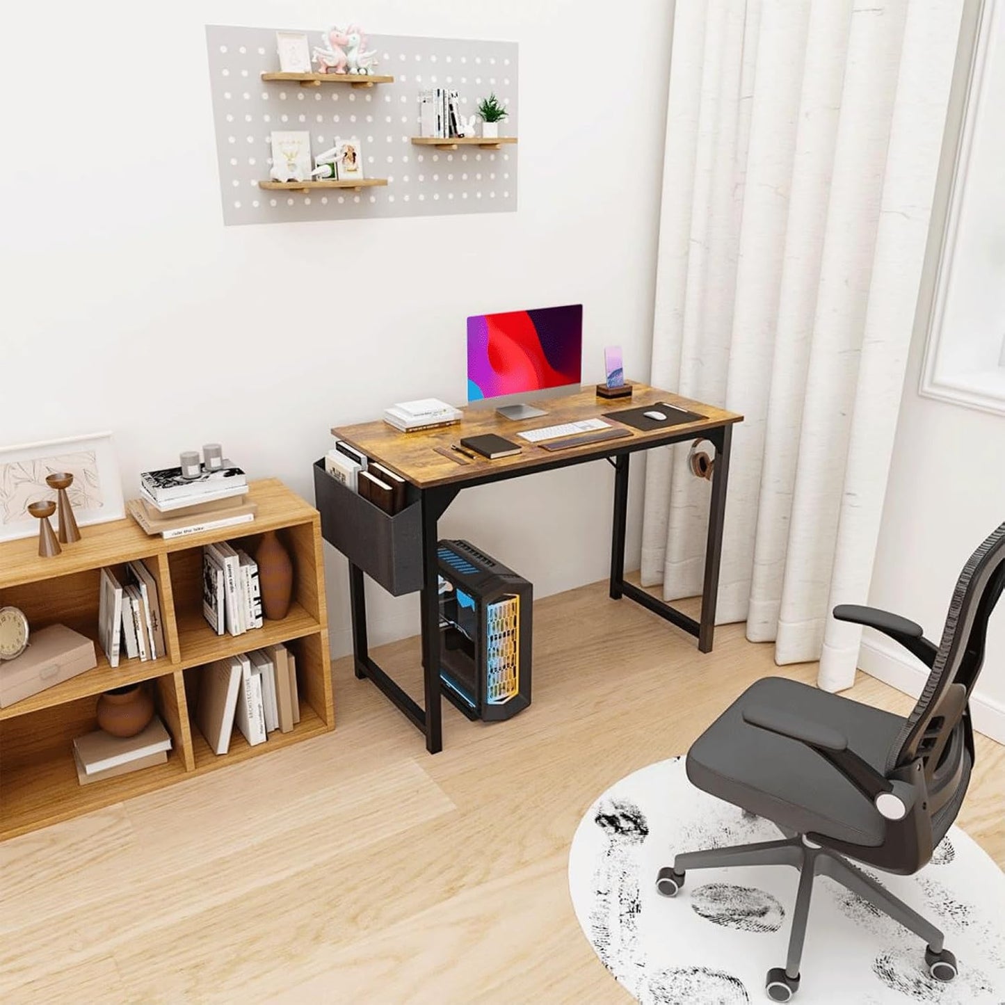 40 Inch Desk Office with Storage, Modern Simple Style Gaming Computer Table for Youth Student Adult, Metal and Wood Home Office Furniture, Rustic Brown