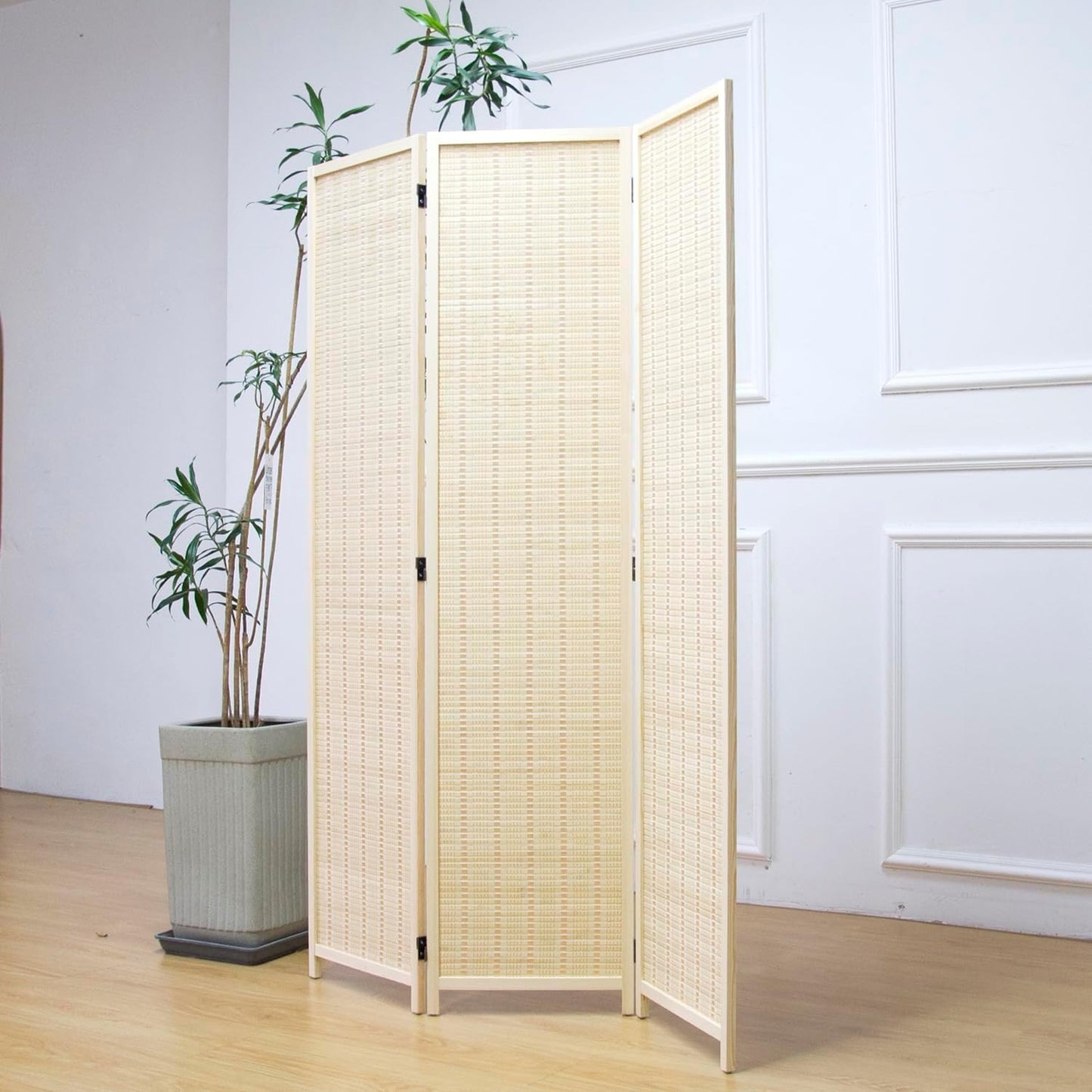 3 Panel Room Divider and Folding Panel Screen,Bamboo Panel Divider Screen for Room Separation,Beige,67" H x 46" W