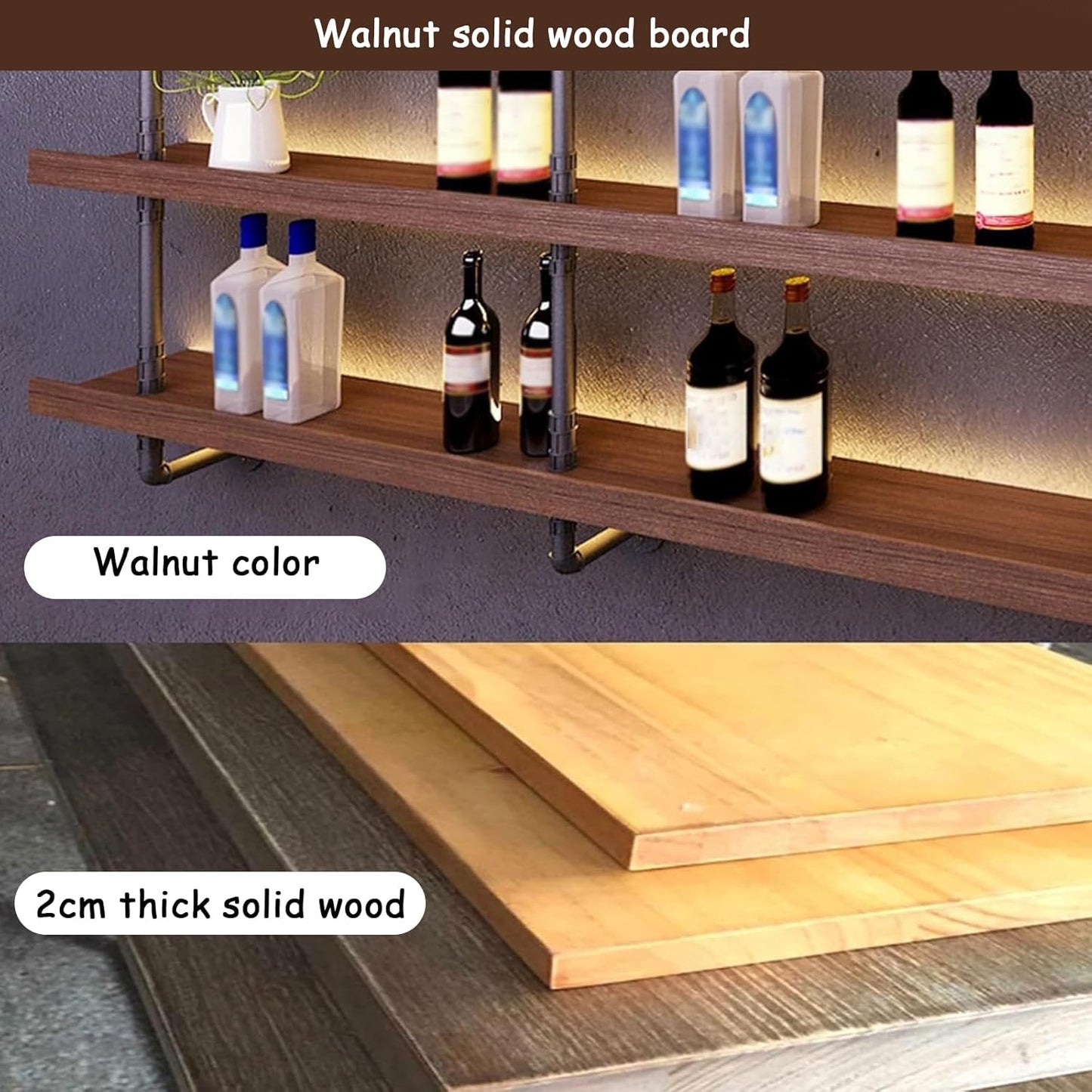 39.7in Large Wine Rack with LED Light Solid Wood Wall Mounted Wine Rack, 3-Tiers Liquor Bottles Floating Shelves Display Storage Organizer for Home Bar & Dining Room (100cm/39.7in)