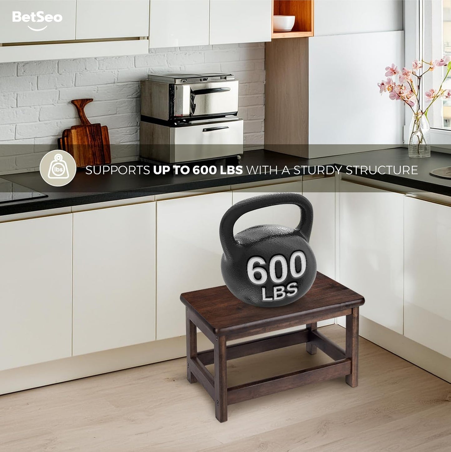 Wooden Step Stool (16.5" Dx12 Wx9 H) Bed Steps for High Beds for Adults - Natural Solid Wood One Step Stool, Heavy Duty- Holds up to 600Lbs- Perfect Safety (9in Height-Walnut)