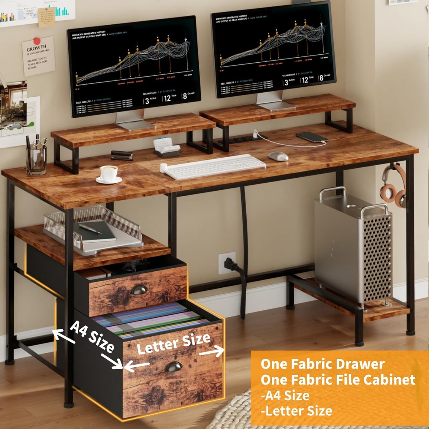 Furologee 55" Computer Desk with File Cabinet and Power Outlets, Home Office Desk with 2 Movable Monitor Stands and Storage Drawer, Writing Table with Shelves and 2 Hooks for Bedroom, Rustic Brown