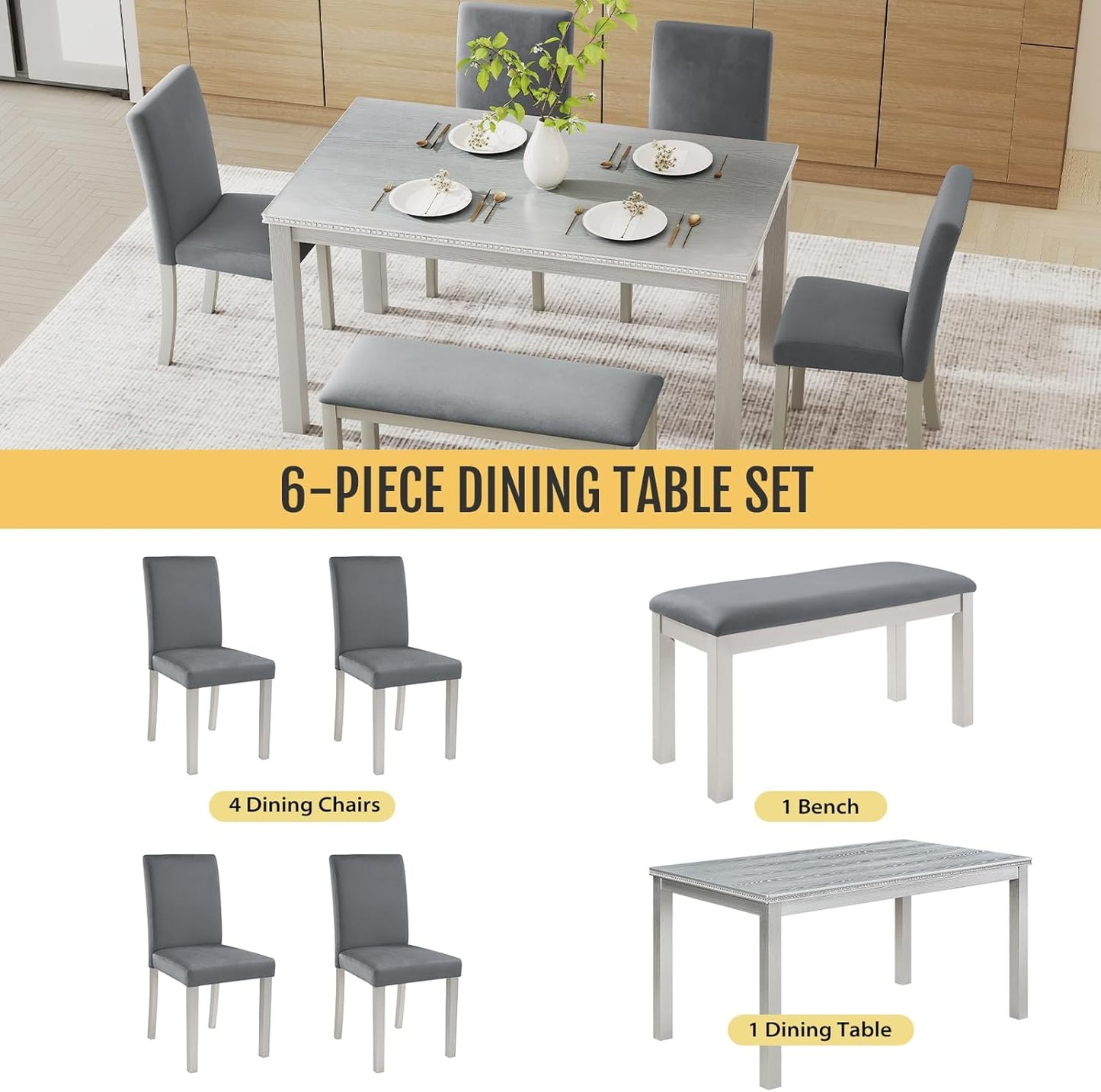 6-Piece Solid Wood Dining Table Set, Including 1 Dining Table, 4 Upholstered Chairs and 1 Bench, Wooden Dining Table Set with Crystal Decoration for Kitchen, Dining Room, Silver Grey