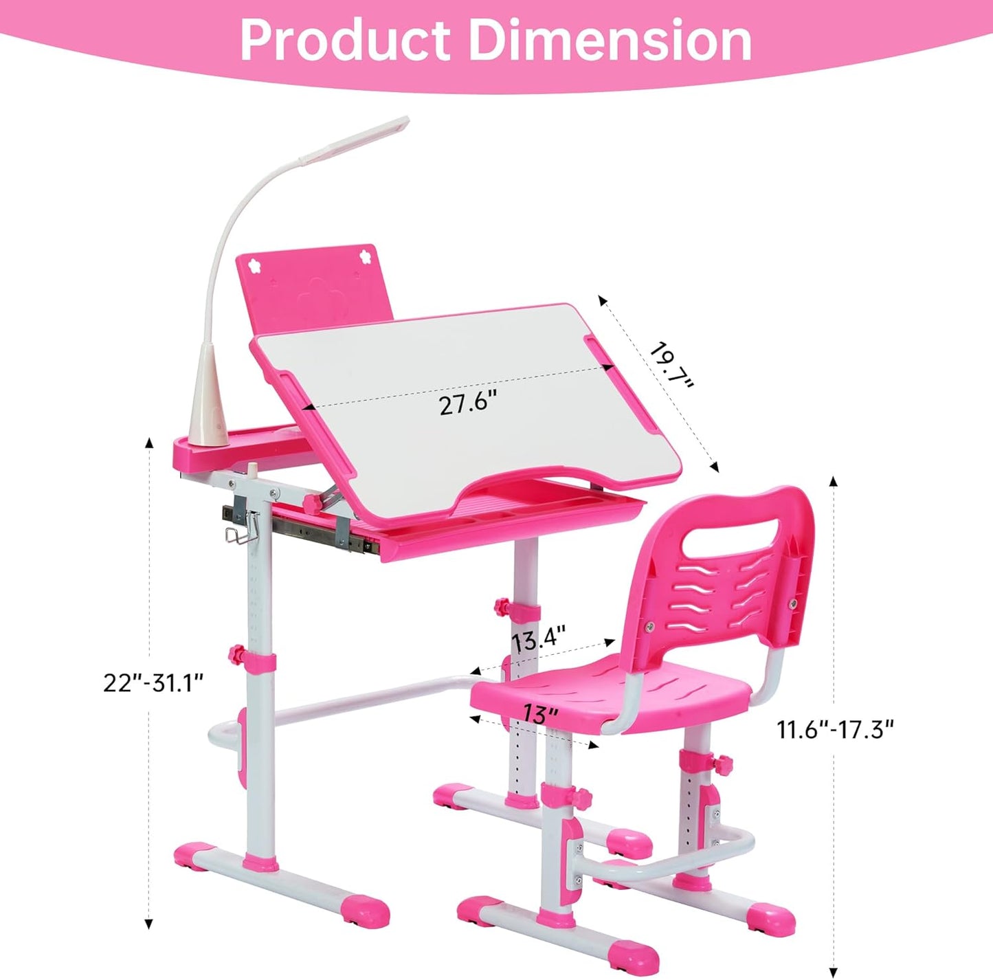 Real Relax Kids Desk and Chair Set, Children's Multifunctional School Tables with Tilt Desktop, LED Light, Metal Hook Pink