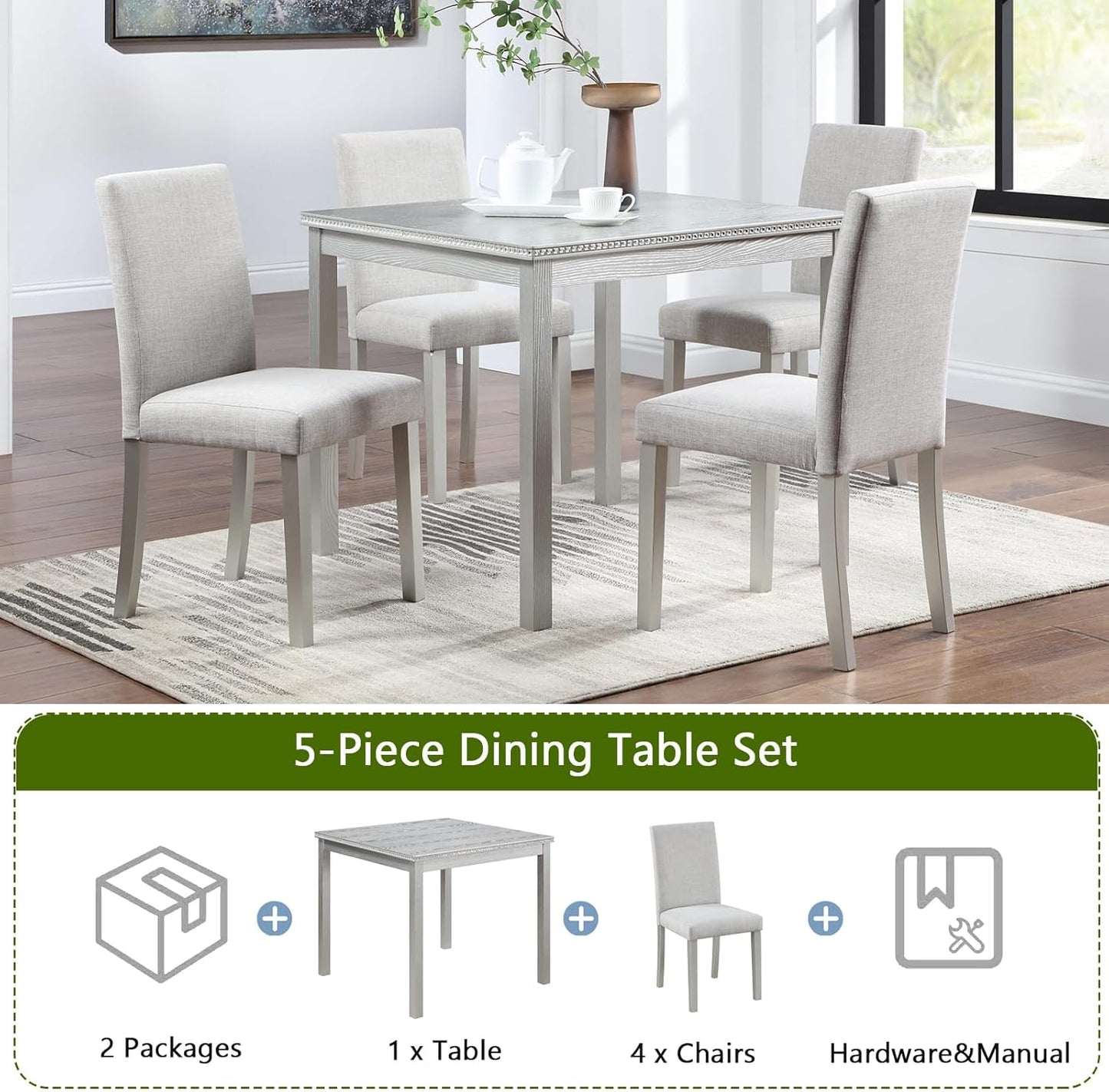 Ball & Cast 5 Piece Dining Table Set,Kitchen Table Set for 4 W/ 34.5" Square Wooden Dining Table,Living Room Furniture W/ 4 Upholstered Chairs,for Dining Room,Kitchen,Restaurant,Silver Gray