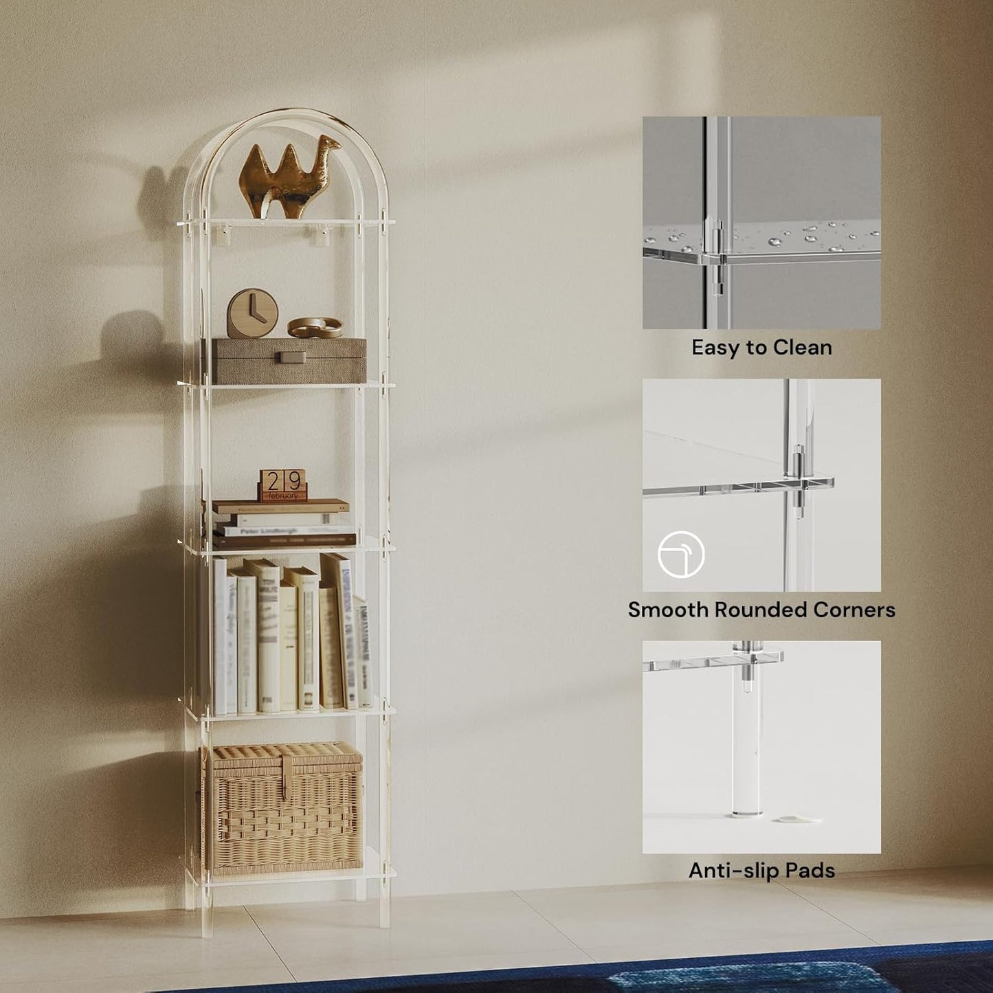 5-Tier Acrylic Arched Bookcase, Clear Narrow Bookshelf for Small Space, 13.8''W x 11.8''D x 57.1''H, Open Display Book Shelves for Home Office, Living Room, Bedroom, Modern