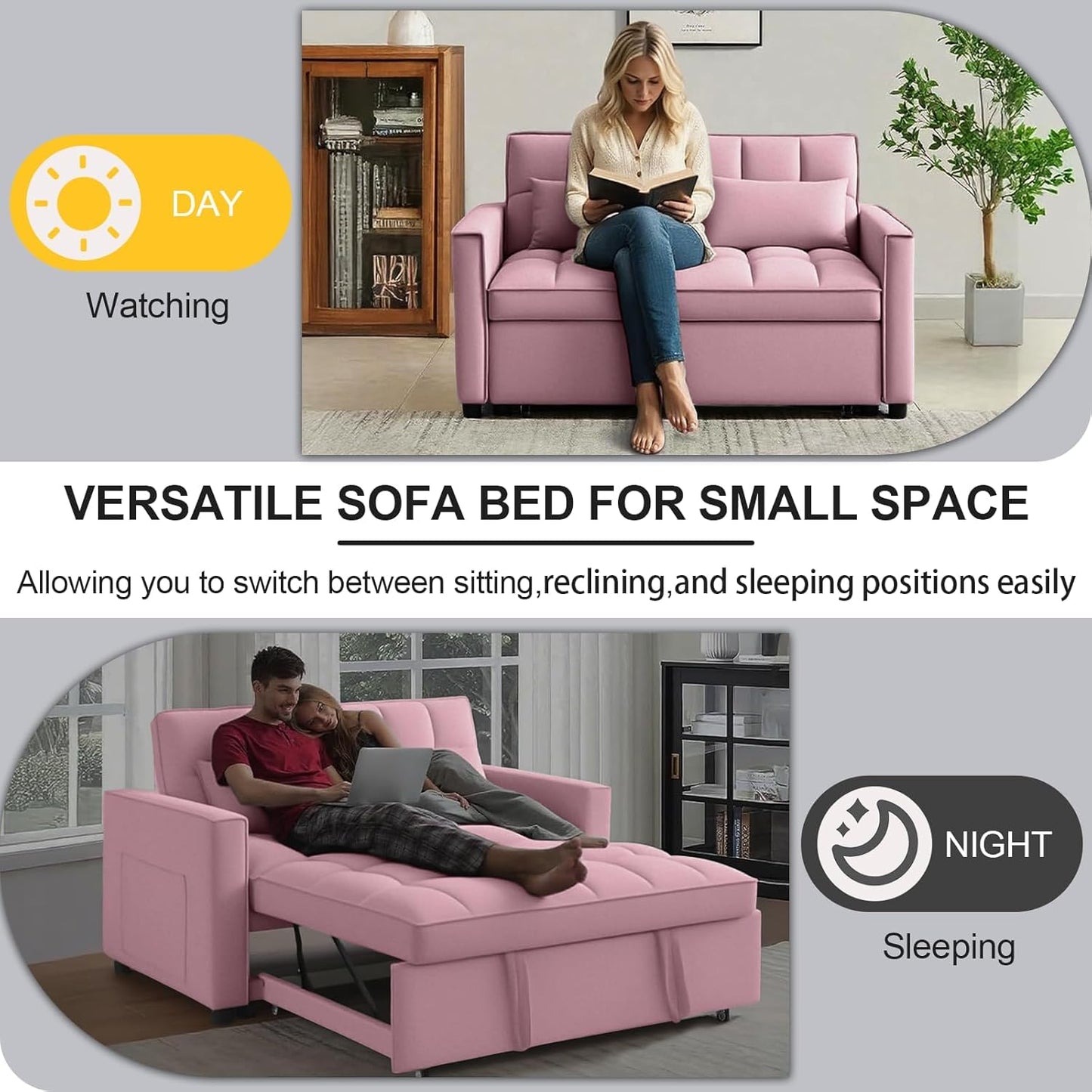 3 in1 Sofa Bed, Pull-Out Sleeper Sofa Bed with 3-Level Adjustable Backrest, Velvet Fabric Convertible Love Seat Sleepers Beds for Living Room & Bedroom & Apartment, Pink