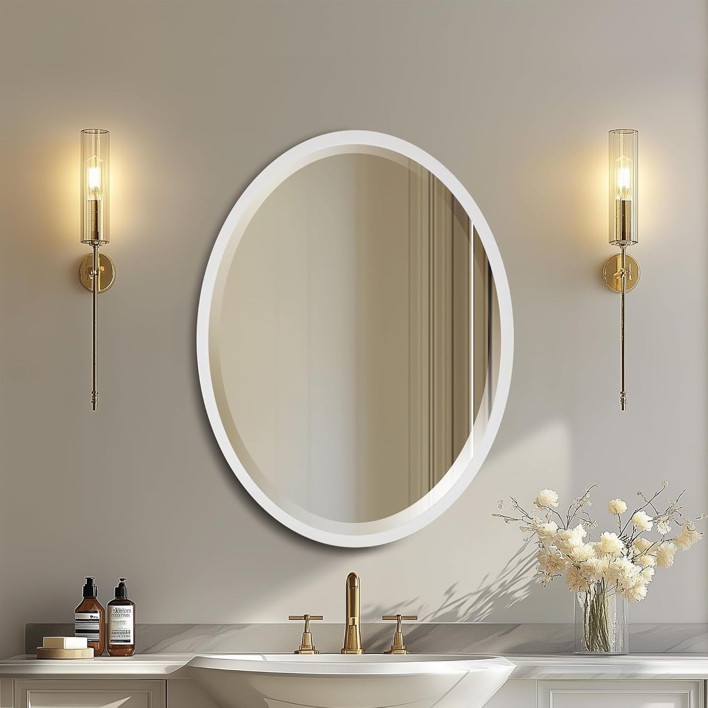 OVALCREST - Oval Wooden Beveled Wall Mirror for Home Decor, Bathroom, Vanity, Bedroom, Living Room, Hallway - London Style (Linen White) 25.1 x 31.1