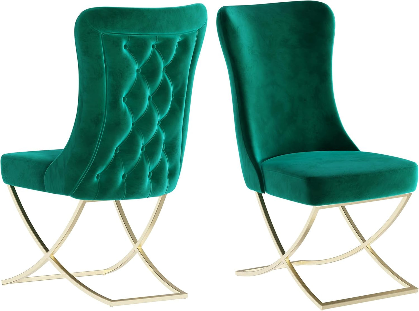 Ottomanson Royal Dining Chairs Set of 2 – Upholstered Tufted Microfiber, Assembled, Gold Metal Legs, Beech Wood Frame, 350 lb Capacity, Green