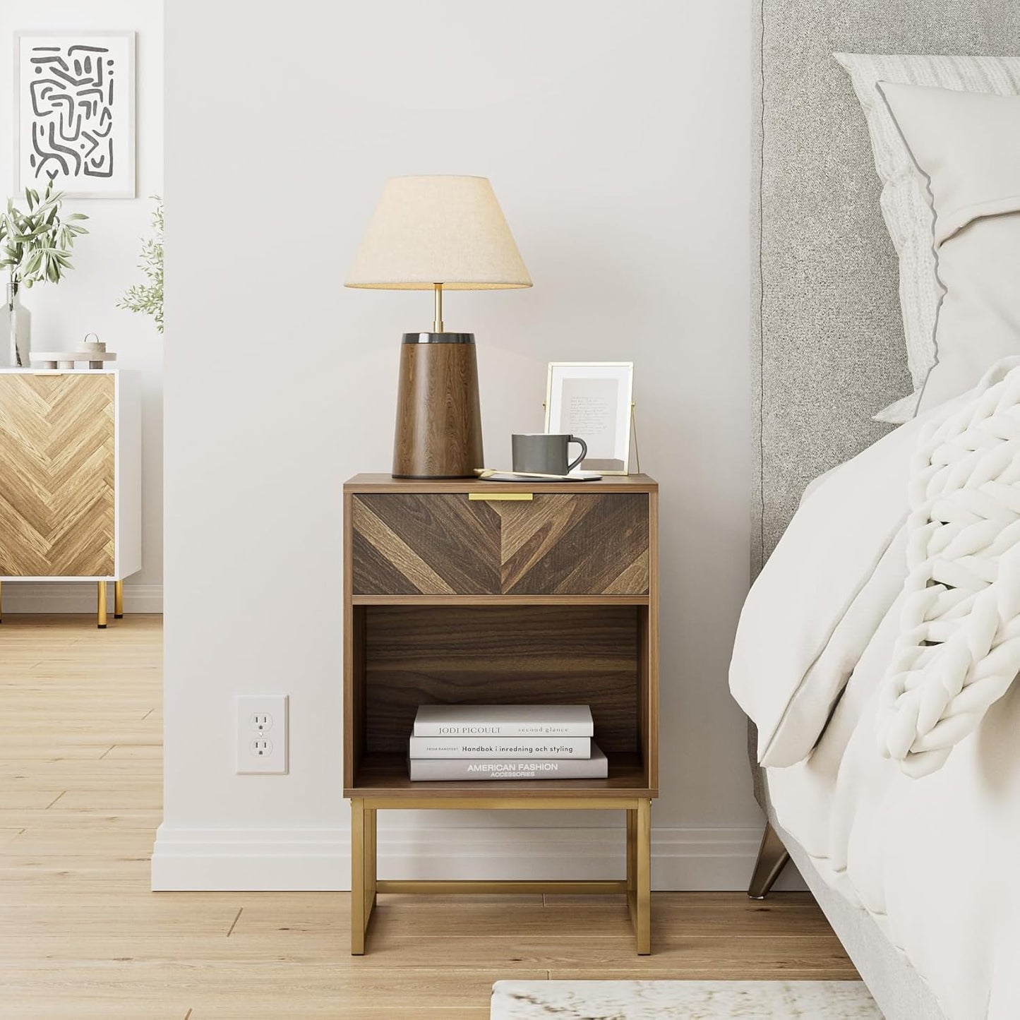 Masupu Extra Large Nightstand,Boho Night Stand Modern Farmhouse Wood Bedside Table with Storage Drawer and Open Shelf,Side End Table for Bedroom,Living Room,Office Brown