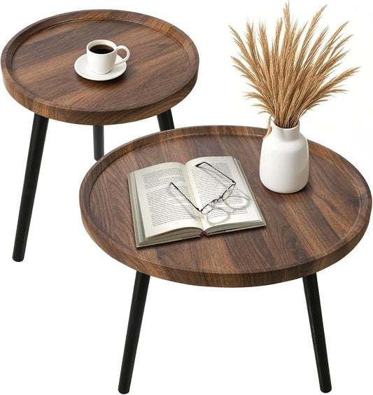 Nesting Coffee Table Set of 2, Modern Round Coffee Tables Nesting Side Table Set, Easy Assembly Nesting Tables for Living Room, Walnut Wood End Tables for Home Office Yard