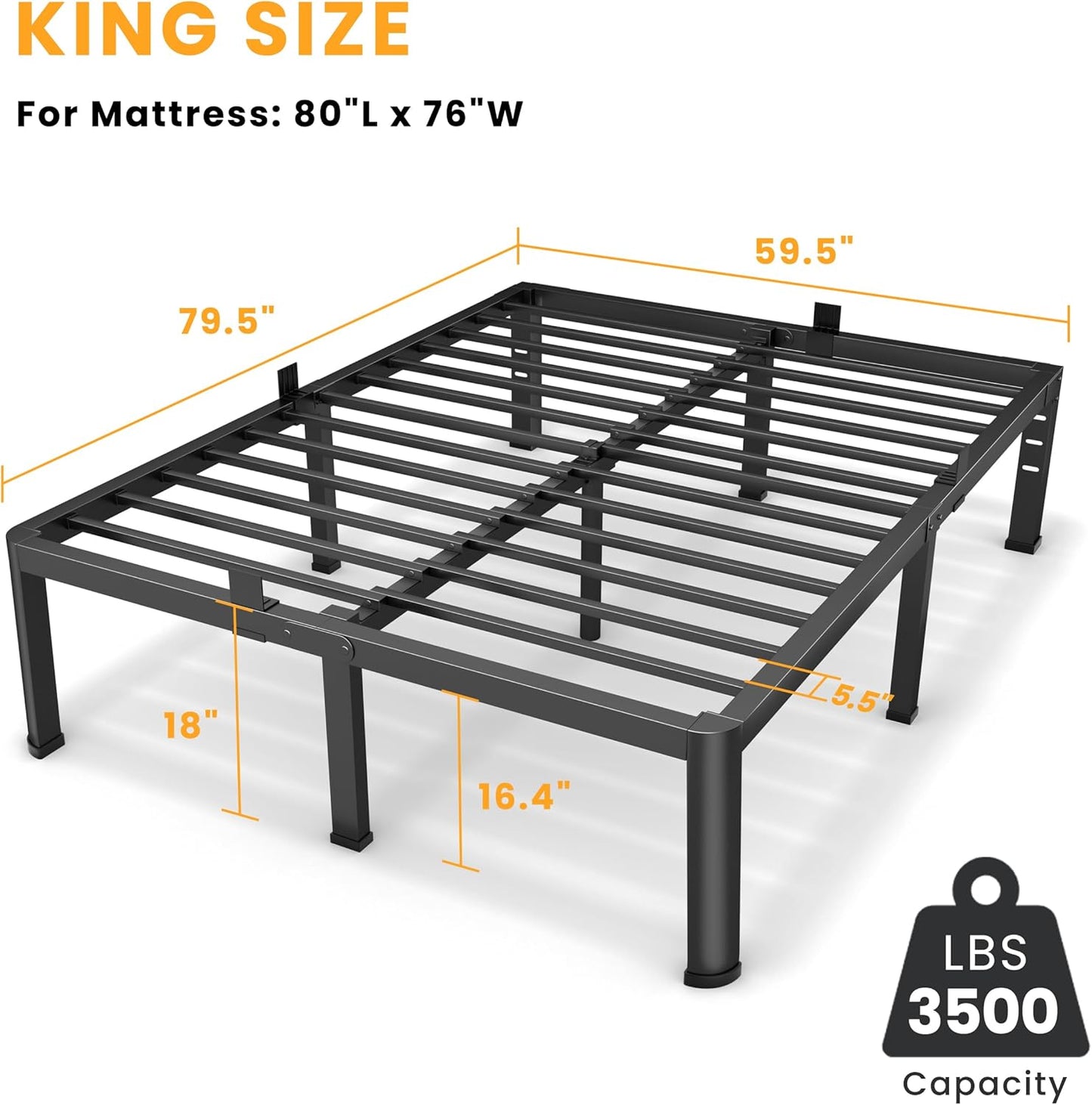 18 Inch King Size Metal Platform Bed Frame with Round Corners, Storage Space Under High Bed Frame-Heavy Duty Steel Slats Support, Noise Free - Easy Assembly - No Box Spring Needed