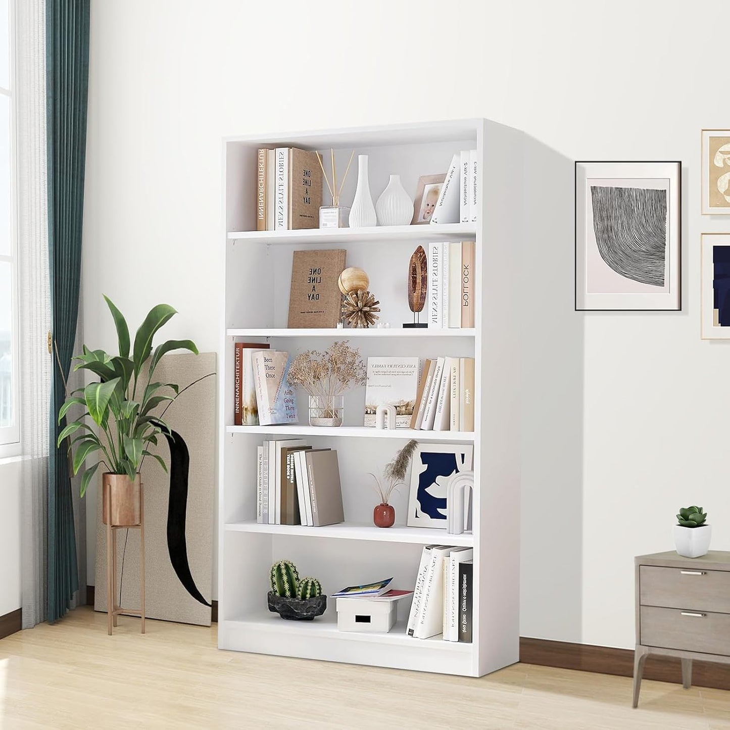 Wooden Bookshelf with Adjustable Shelves, 5 Tier Tall Bookcase for Living Room, Office or Small Spaces,Heavy Dute Bookshelves Storage Organizer, Manga Bookshelf for Collectors,60 Inch,White