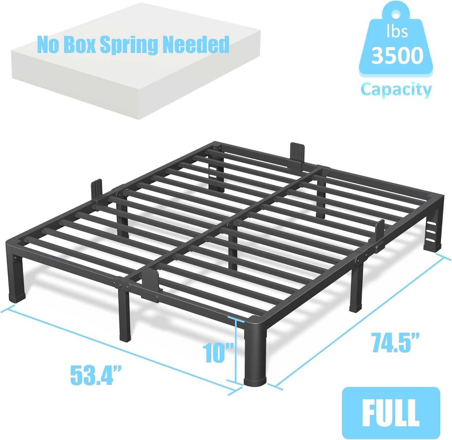10 Inch Full Bed Frame with Rounded Corner and Headboard Hole Mattress Retainers 3500 LBS Metal Heavy Duty Steel Slats Support No Box Spring Needed Platform Noise Free Easy Assembly