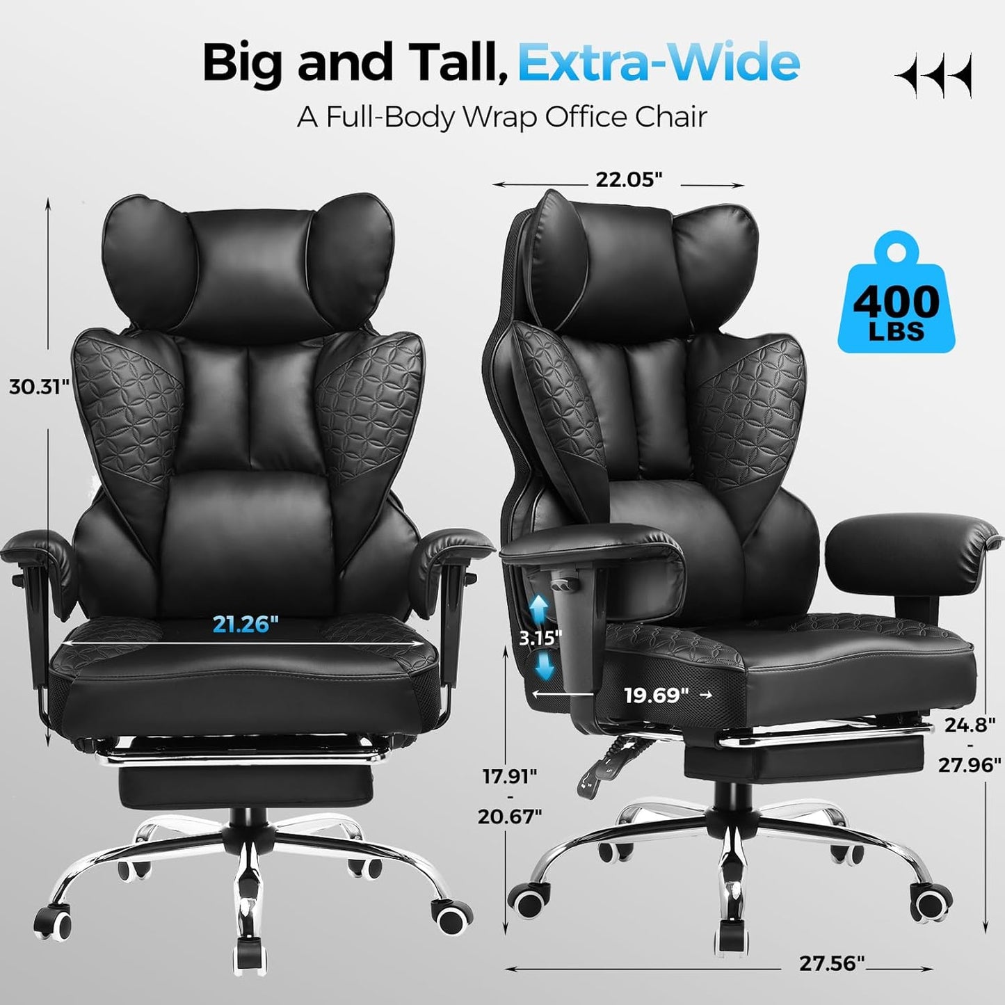 COMHOMA Big and Tall Office Chair 400LBS Wide Ergonomic Gaming Chair with Deluxe Embossing Designed Leather with Foot Rest,150°Reclining Adjustable Armrests Pocket Spring Back Support and Pillow