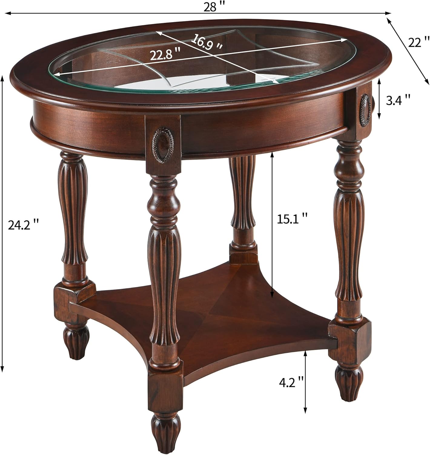 LEEMTORIG Oval Round Glass End Table, 2-Tier Solid Wood Glass Top End Side Tables, Traditional Victorian Nightstand for Bedroom Living Room Office, 28" W x 22" D x 24.2" H, Cherry Walnut CJZ-1533-GT