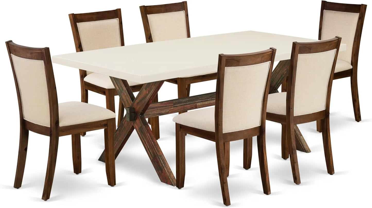 East West Furniture X727MZN32-7 7 Piece Modern Dining Table Set Consist of a Rectangle Wooden Table with X-Legs and 6 Light Beige Linen Fabric Upholstered Chairs, 40x72 Inch, Multi-Color