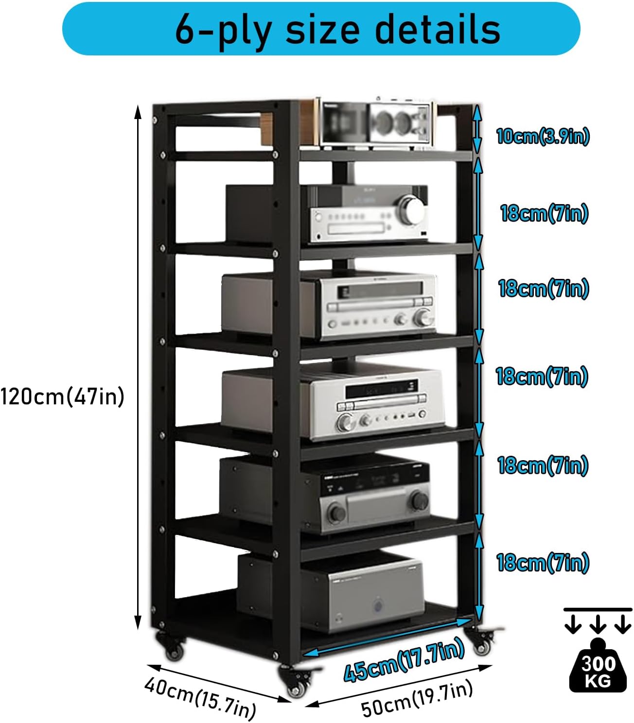 6 Tier Audio Rack Tower, CD Record Player Stereo Receiver AV Equipment Cabinet Display Rack, Weight Capacity 661 lbs, with Adjustable Wooden Shelves for Home (BIACK, 6 Tier 47×19.7×15.7IN)