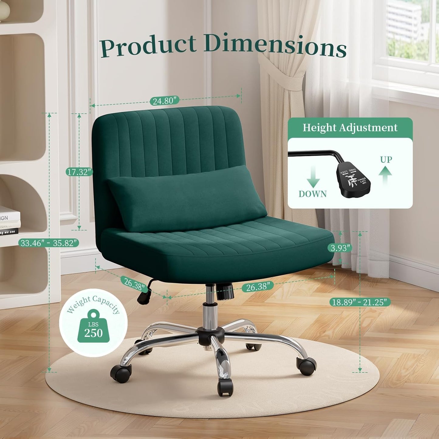 Warmiehomy Criss Cross Office Chair with Wheels, Velvet Cross-Legged Desk Chairs for Home, Armless Height Adjustable Swivel Wide Seat Computer Chair, Morden Vanity Chair for Women, Dark Green