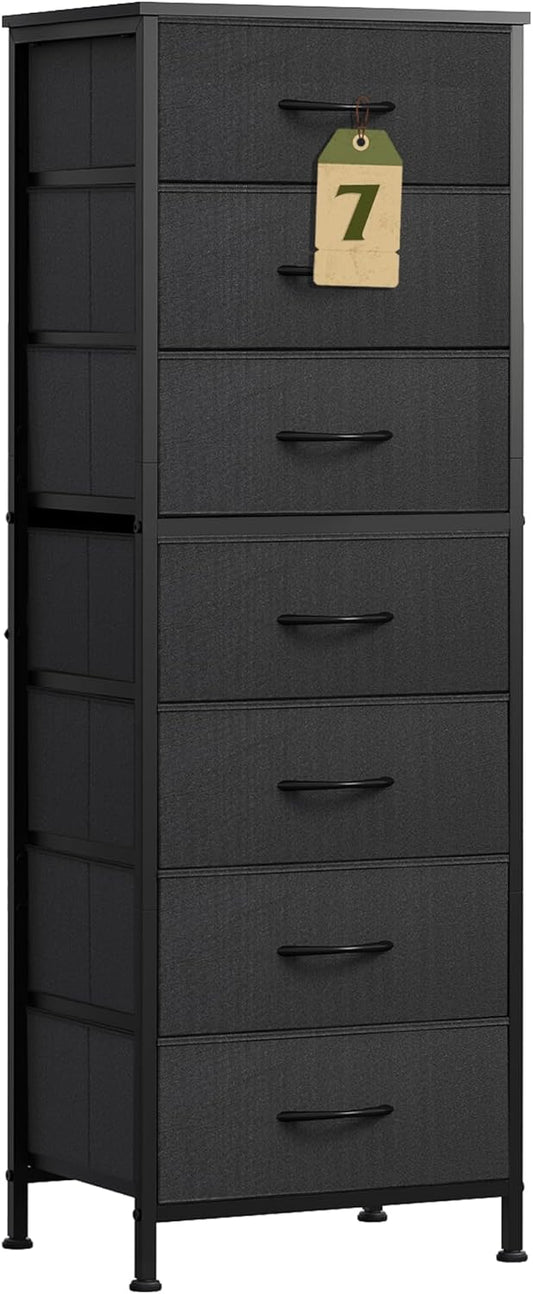 WLIVE Black Tall Dresser for Bedroom, 7 Drawer Dressers & Chests of Drawers, Fabric Dresser for Closet, Living Room, Night Stand with Metal Frame, Storage Tower with Fabric Bins, Wood Top