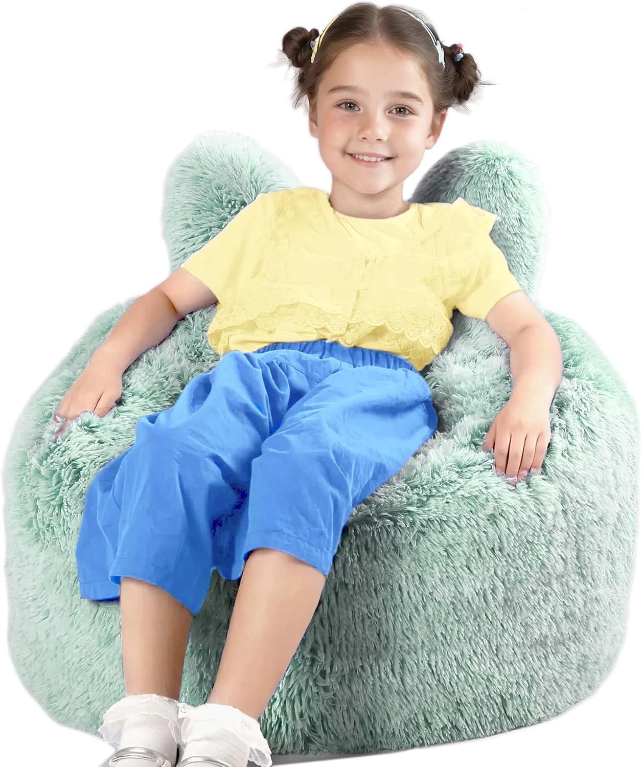 Bean Bag Chair for Kids with Plush Faux Fur Cover, 2.5FT Memory Foam Filled Bean Bag for Teens & Kids, Lazy Sofa for Living Room/Bedroom/Dorm, Rabbit-Ears Design