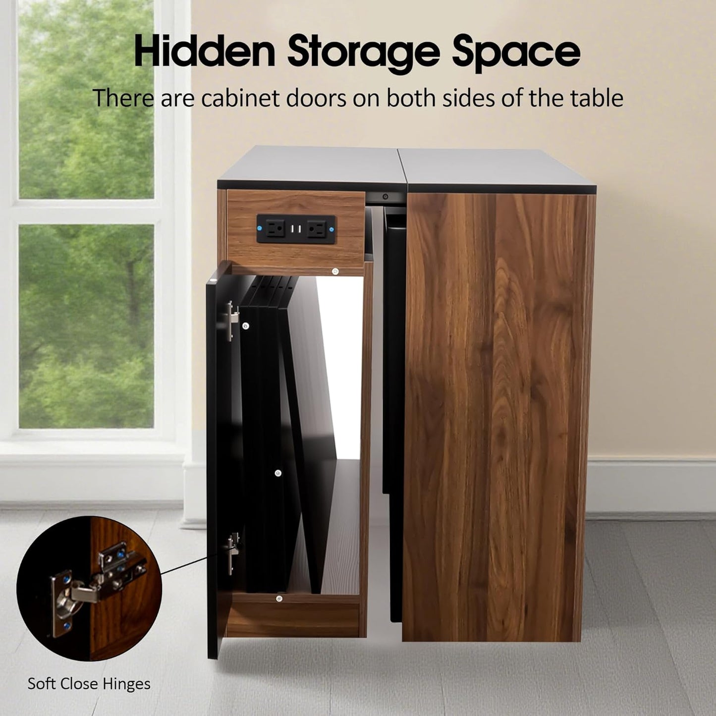 Expandable Dining Table, Convertible Table for Dining Room, Kitchen and Small Spaces, for 2-10 People(with Storage Cabinet and Outlet), Black