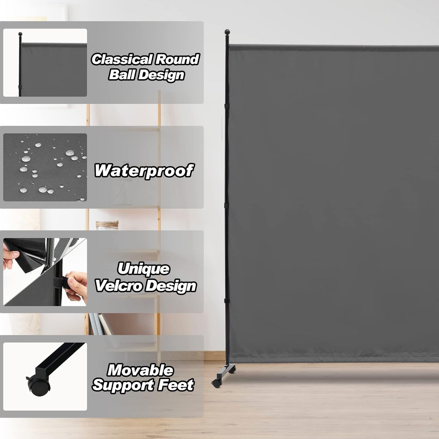 6FT Single Panel Room Divider with Wheels,Rolling Fabric Room Dividers for Partition Privacy Screens,Freestanding Wall Divider for Home Office,Restaurant,Hospital(Grey)