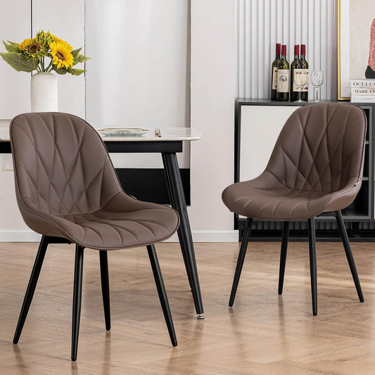 Rowill Modern Dining Chairs Set of 2 - Upholstered Faux Leather Kitchen Chairs with Soft Cushion Backrest, Sturdy Metal Legs & Non-Slip Pads, Perfectly Design for Home Dining Room, Kitchen, Brown