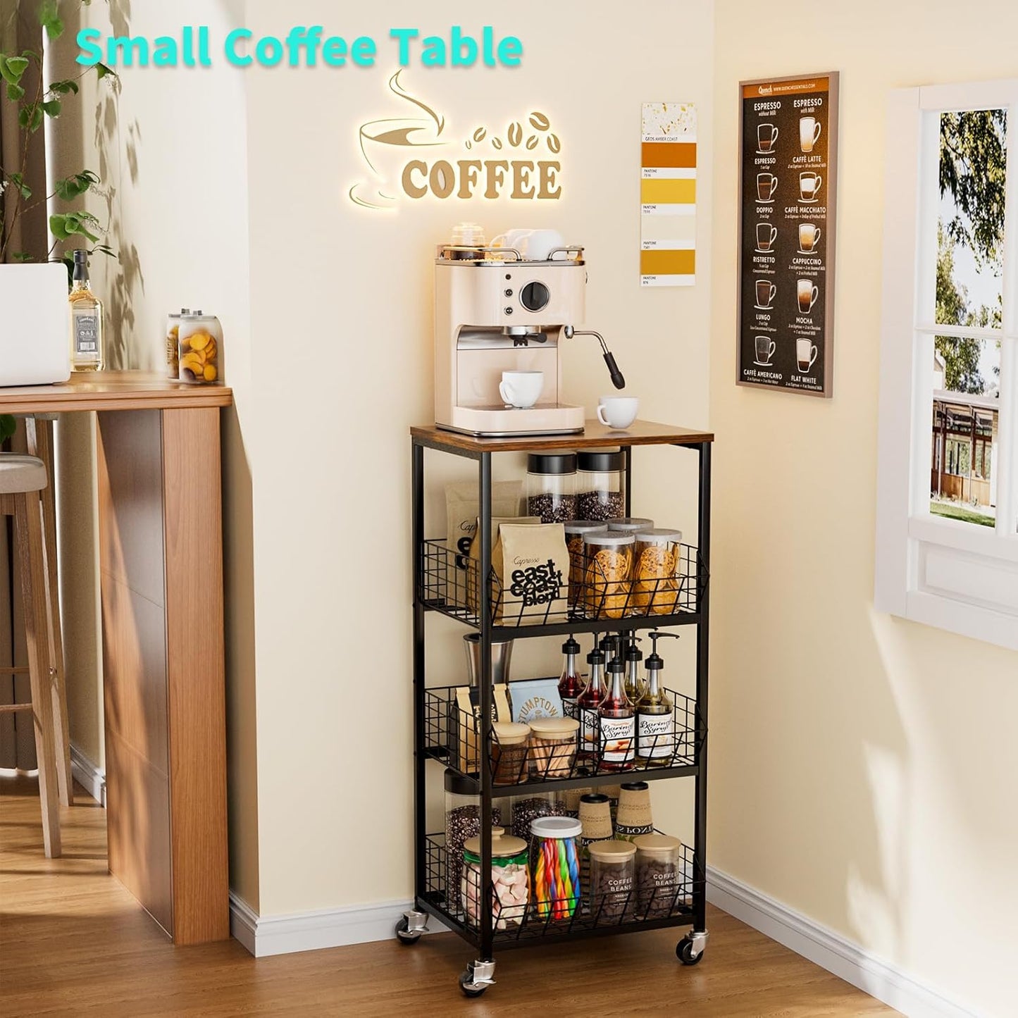 HapiRm Kitchen Fruit Vegetable Cart - 4 Tier Rolling Storage Rack with Wheels and Dividers, Coffee Station Cart Rack Shelf Organizer for Onion, Potato, Snack, Fruit, Vegetable Storage Stand, Black