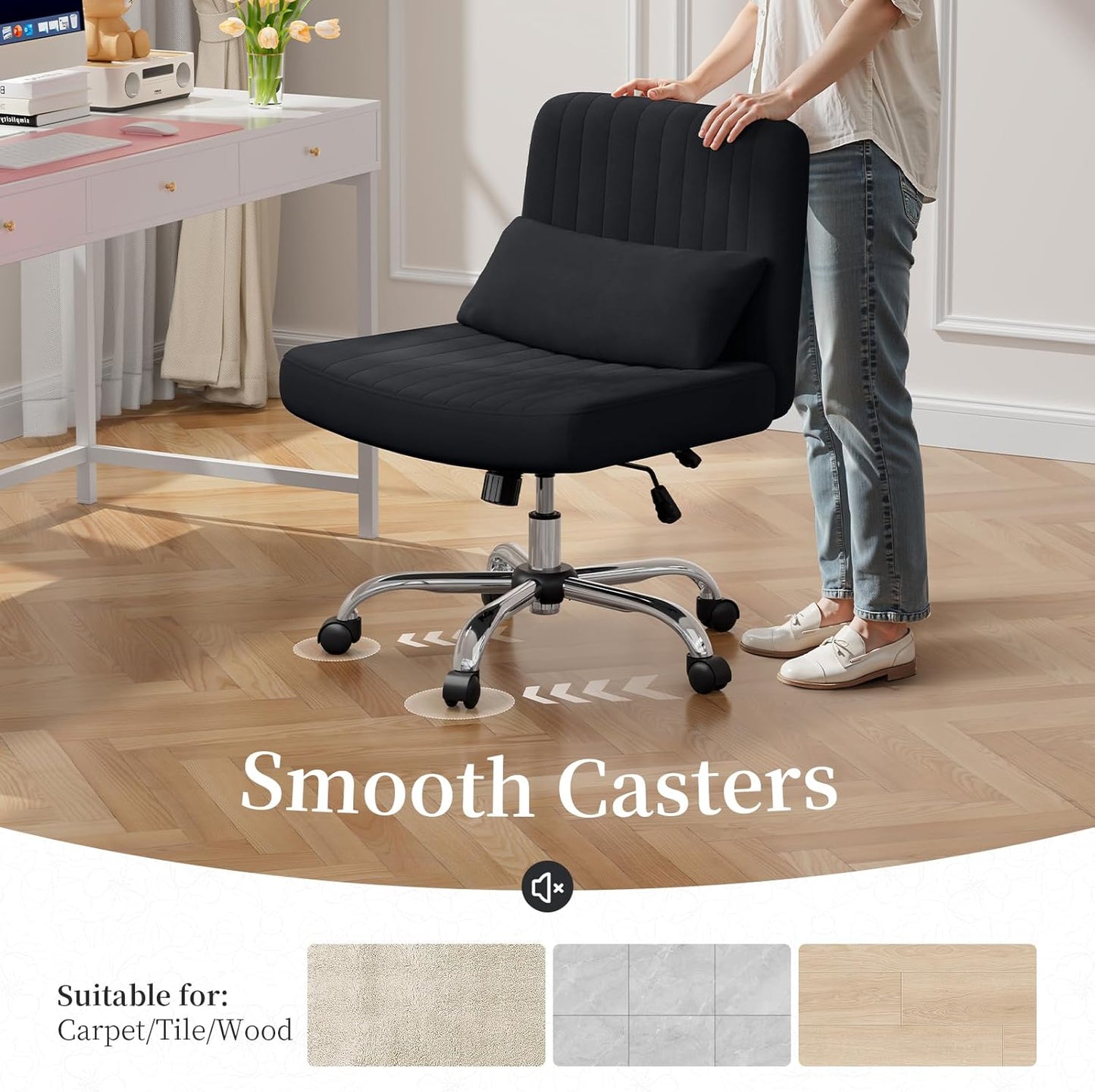 Warmiehomy Criss Cross Office Chair with Wheels, Velvet Cross-Legged Desk Chairs for Home, Height Adjustable Swivel Wide Seat Computer Chair, Morden Vanity Chair for Women, Black