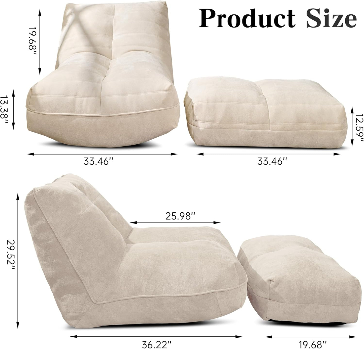 Bean Bag Chair with Ottoman, Comfy Bean Bag Sofa with Memory Foam, Lazy BeanBag Sofa with Footstool, Fireside Bean Bag Couch for Living Room, Bedroom, Apartment (Off White)