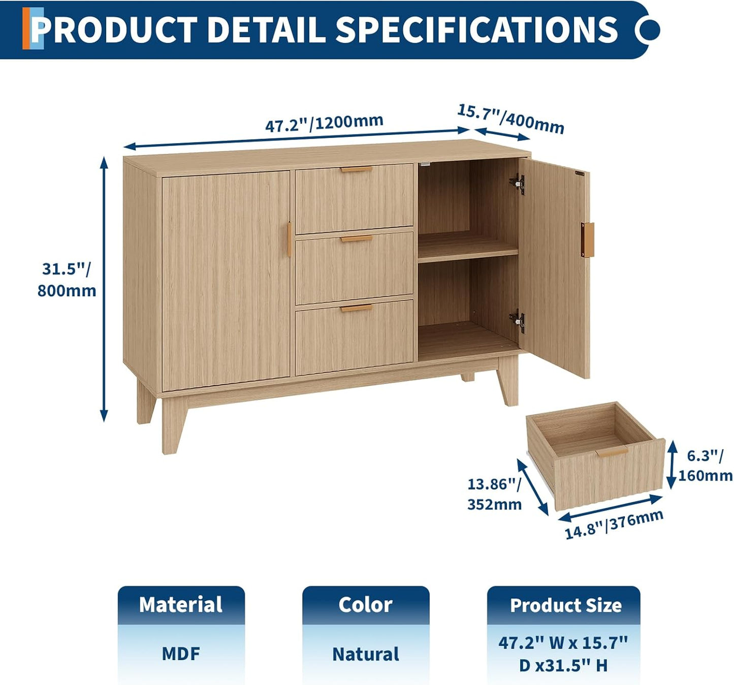 Garvee 47.2" Fluted Buffet Cabinets with Storage, Sideboard Storage Cabinet with 3 Drawers and 2 Doors, Modern Mid Century TV Stand Coffee Bar Furniture for Living Room, Kitchen, Entryway- Oak