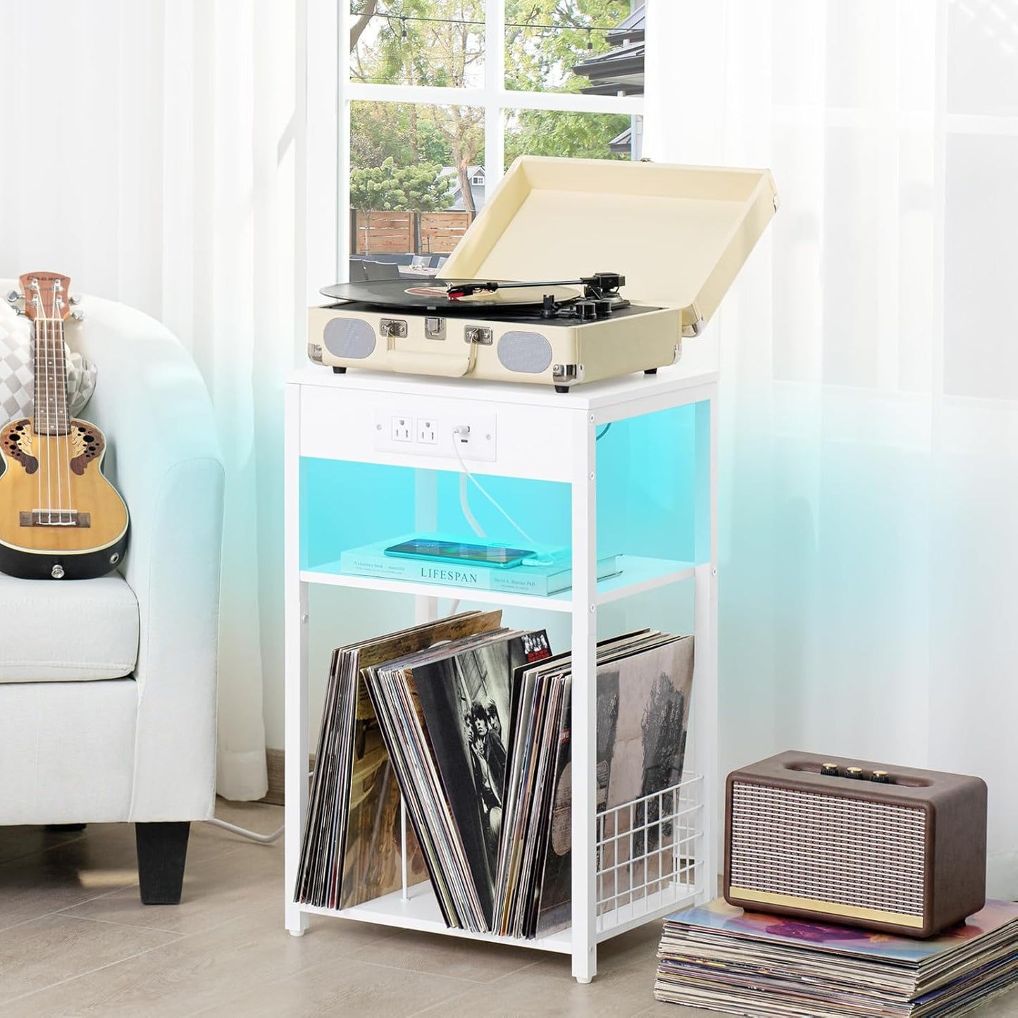 LELELINKY White Night Stand with Charging Station and LED Lights, Record Player Stand with USB Port and Type-C Port, 3 Tier Side Table with Vinyl Storage Shelf, End Tables for Bedroom Small Spaces