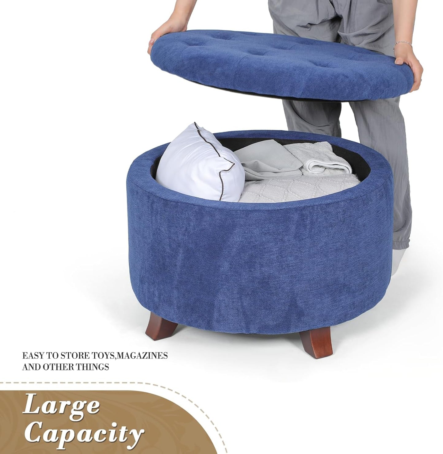 Athena Collection 24.5 Inch Small Ottoman with Storage, Round Linen Fabric Storage Ottoman Foot Rest with Removable Lid, Multipurpose Footstool Footrest for Livingroom, Bedroom, Dorm, Blue