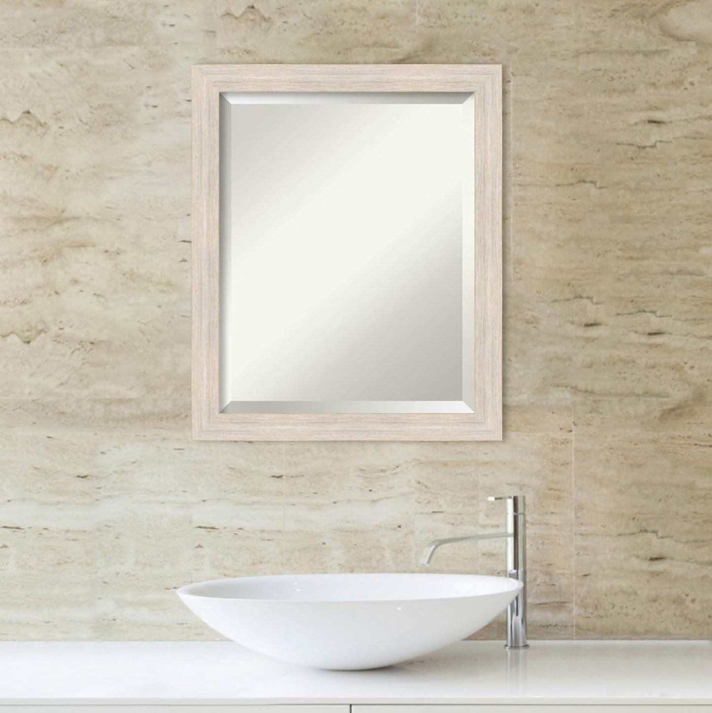 Amanti Art White Bathroom Mirror for Over Sink, 23x19 Hardwood White Wash Narrow Rectangle Vanity Mirror, Small Rustic Farmhouse Wood Frame, Hangs Horizonally and Vertically, Bathroom Wall Decor
