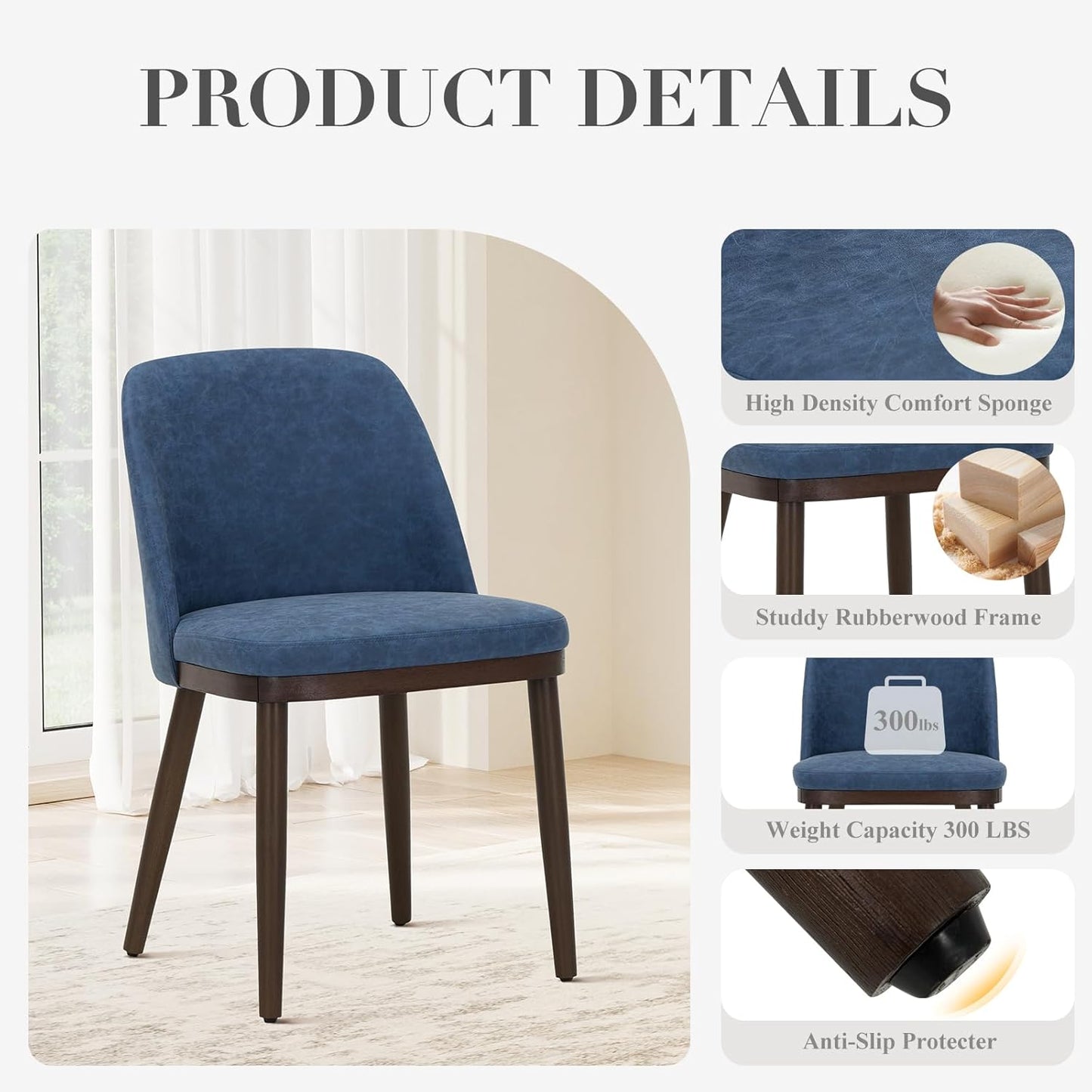 COLAMY Upholstered Dining Chairs Set of 4, Modern Kitchen Chairs with Back, Leather Side Dining Room Chairs with Wood Legs for Kitchen Dining Room Restaurant,Blue