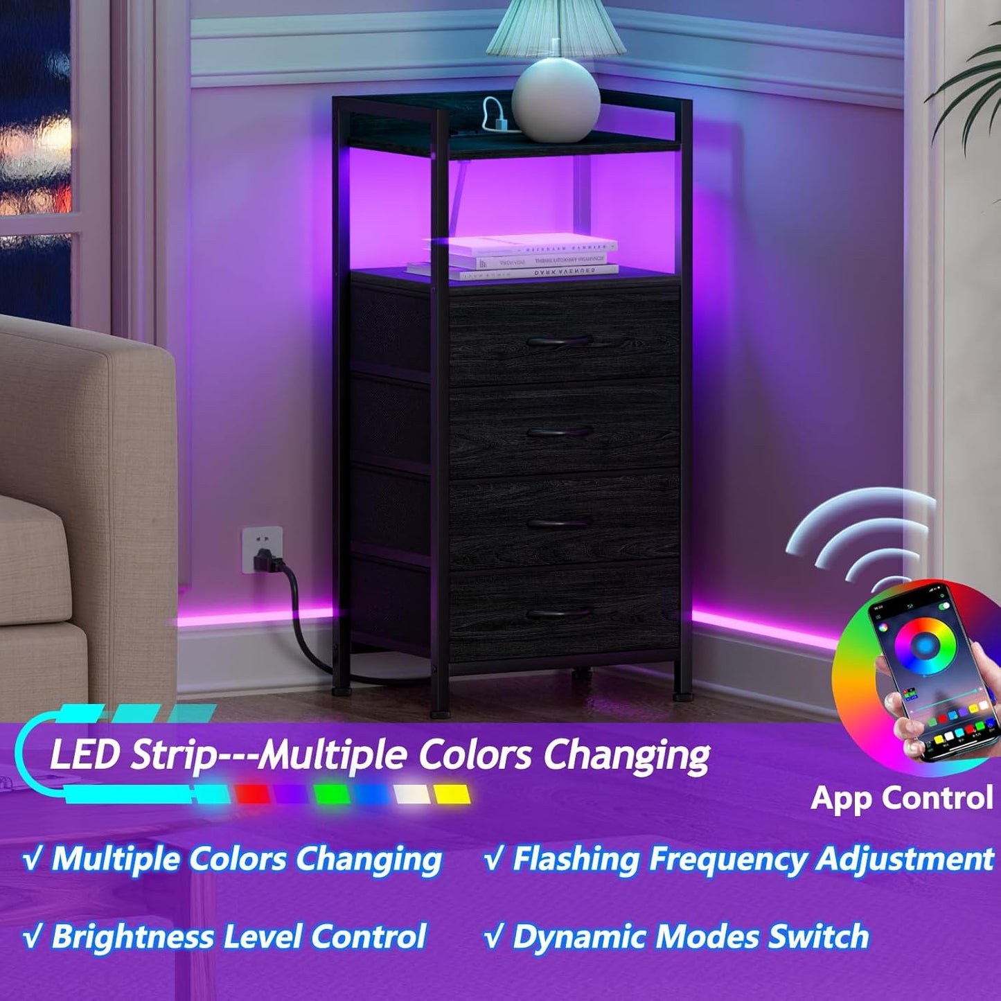 Furnulem Night Stand with Charging Station, Black Nightstand with Drawers and Led Light, Tall Dresser for Bedroom, Bedside Table with Fabric Storage Bins, Metal Frame, Wood Furniture