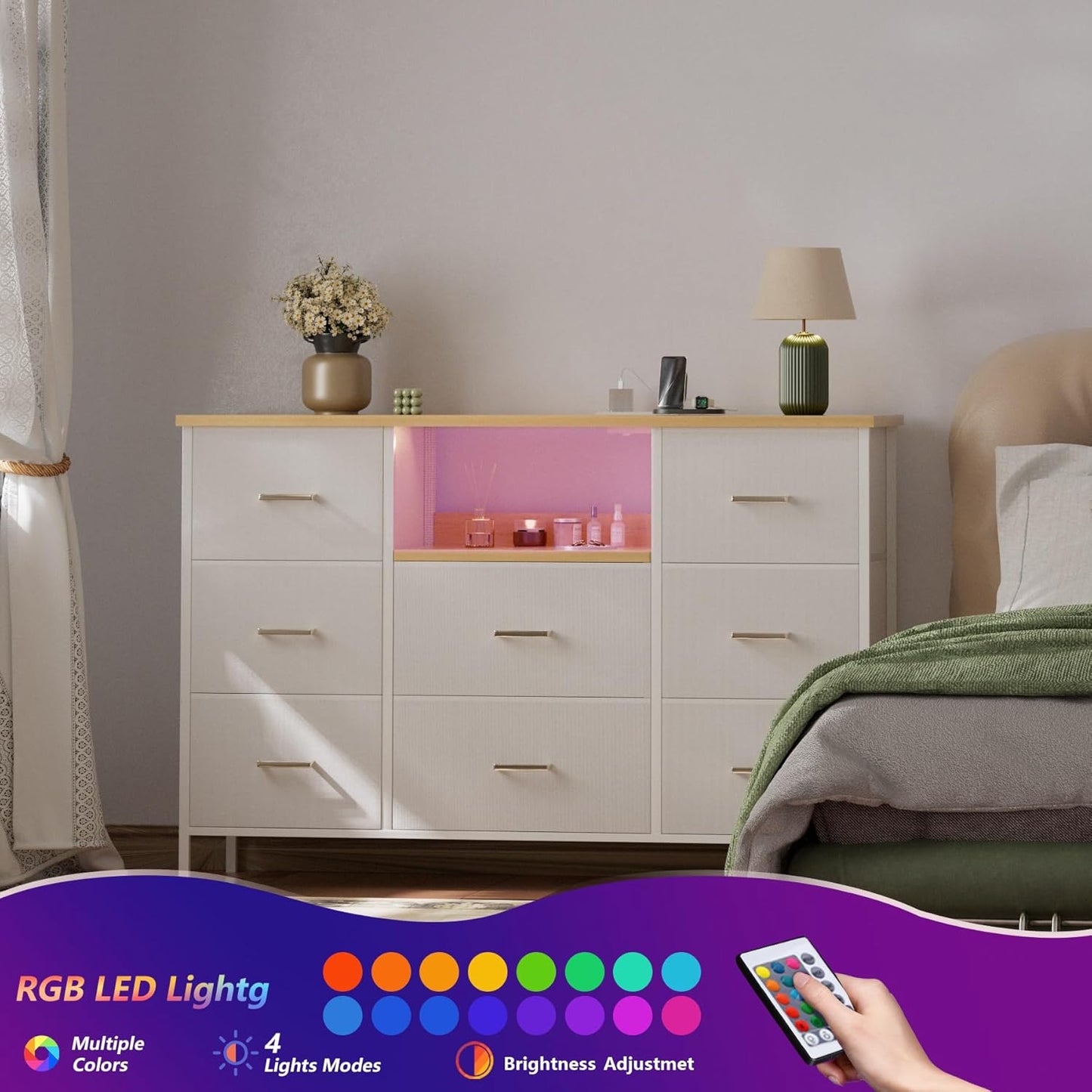 White Dresser with LED Lights and Power Outlets, Dresser TV Stand with 8 Drawers for 55" TV, Fabric Chest of Drawers for Bedroom, Living Room, Entryway