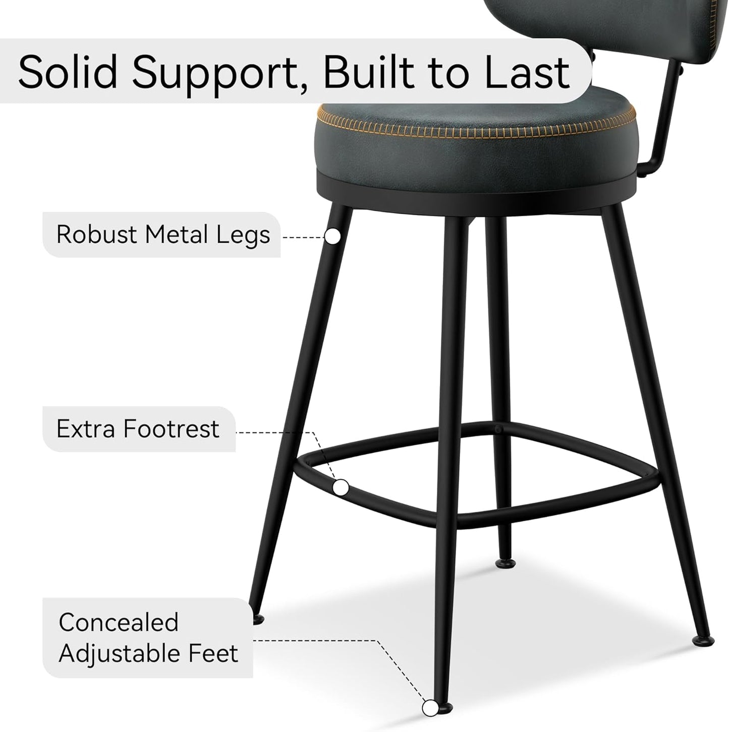 Counter Height Bar Stools, 26" H Swivel Barstools Set of 4, Faux Leather Kitchen Counter Stools with Back and Stylish Stitching, Metal Frame, Pub, Home Bar, Balck Green