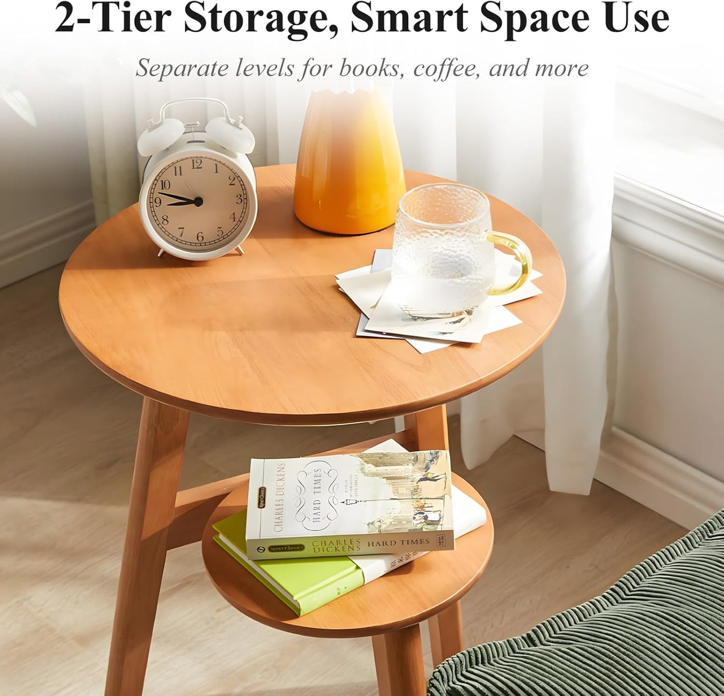 Side Table, 2-Tier Round End Tables Living Room, Mid Century Modern Side Table, Round Nightstand, Oak Accent Table, Small Round Coffee Table, 16.54" Dia.x 23.62" H(Natural)