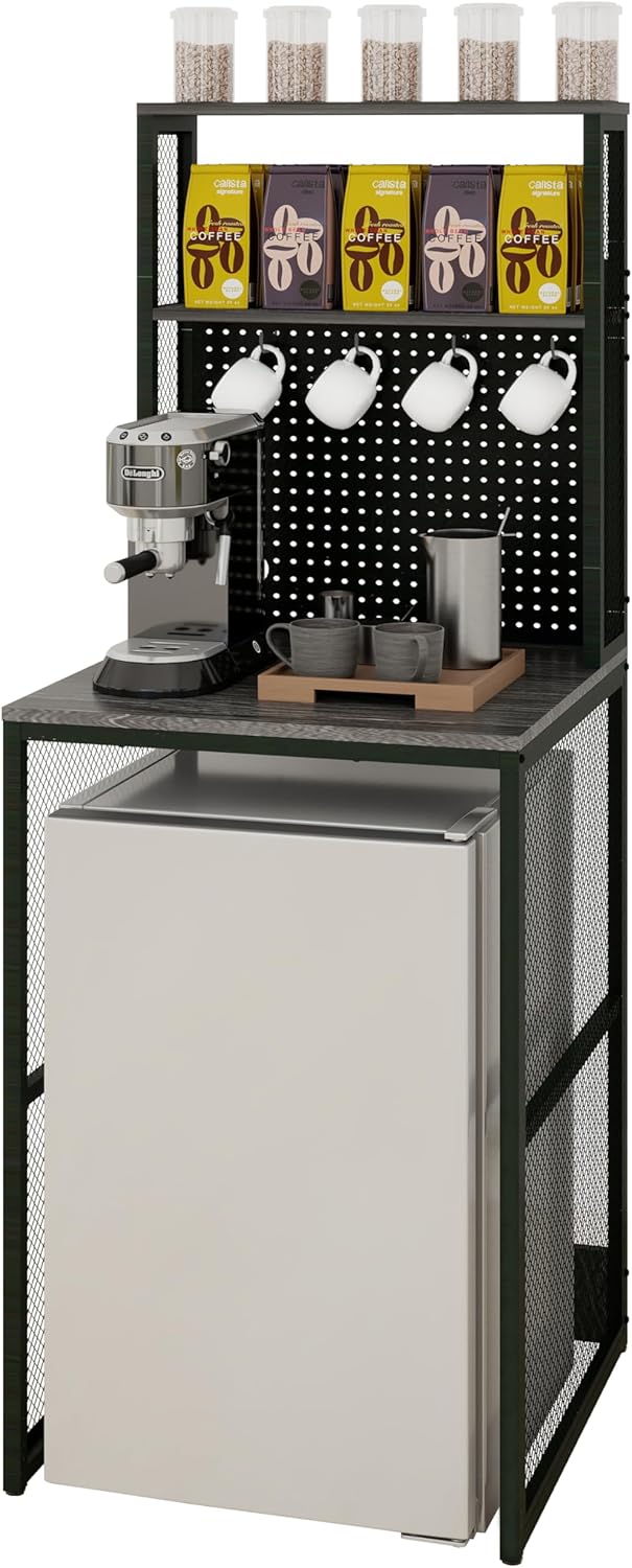 Mini Fridge Stand Shelf with Storage, Bakers Rack Coffee Bar Table Microwave Oven Stand with Mini Fridge Space for Home Kitchen Dorm, Slate Grey