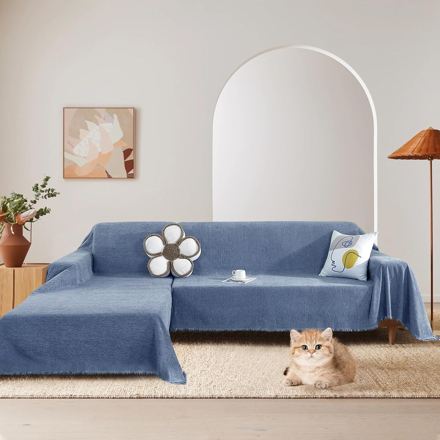 STACYPIK Stylish Blue Sofa Cover Chenille Herringbone Couch Covers for 3 Cushion Couch Cat Scratches Couch Covers for Sectional Sofa Pet Protector Futon Loveseat Cover Multi-Use Throw Blanket-71x150IN