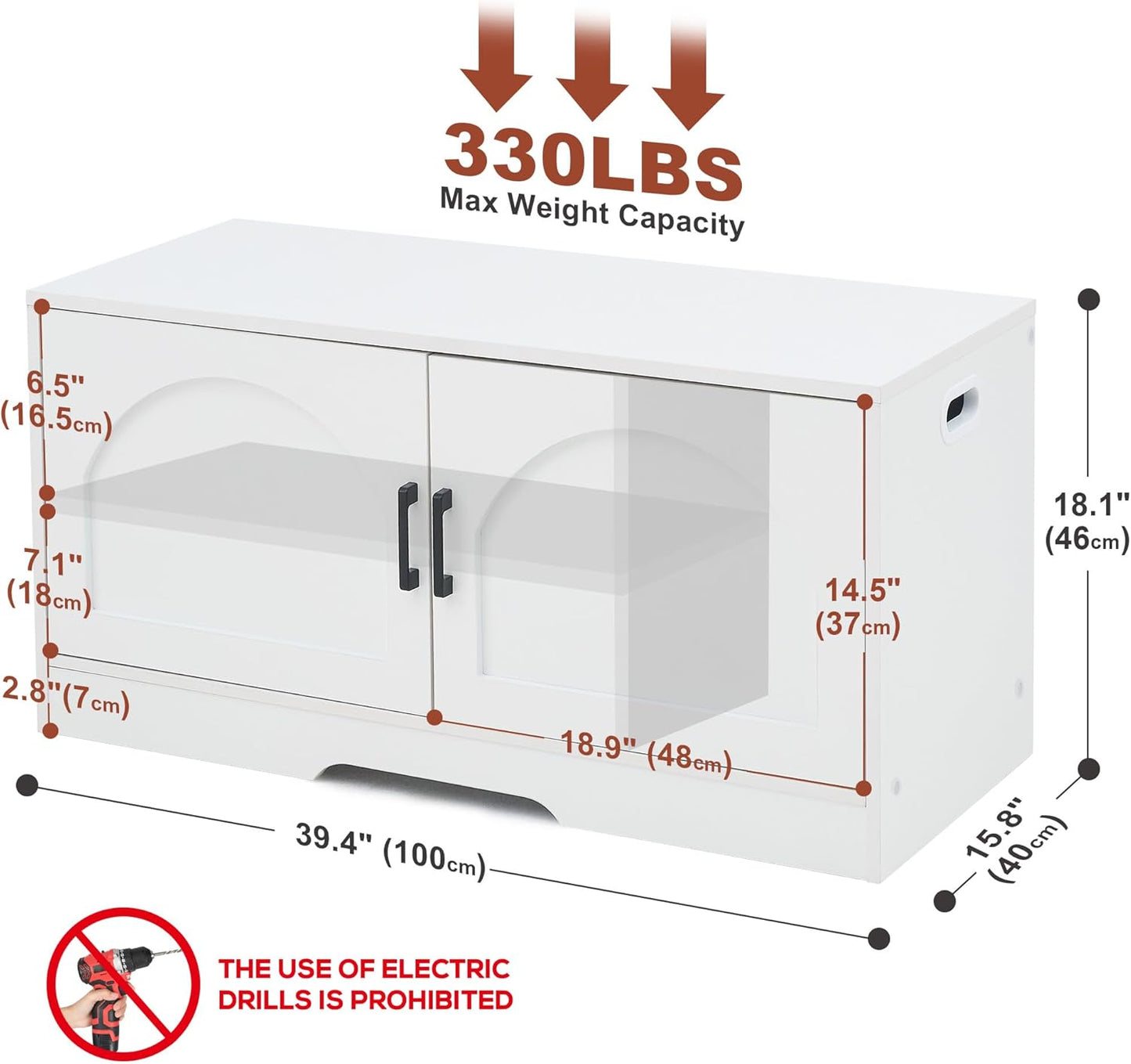 Storage Bench, 39.4" Shoe Bench with Storage, 2 Tier Entryway Bench with 2 Doors, Adjustable Shelf, 39.4" W x 15.8" D x 18.1" H, Holds up to 330lbs for Entryway Living Room Bedroom Hallway, White