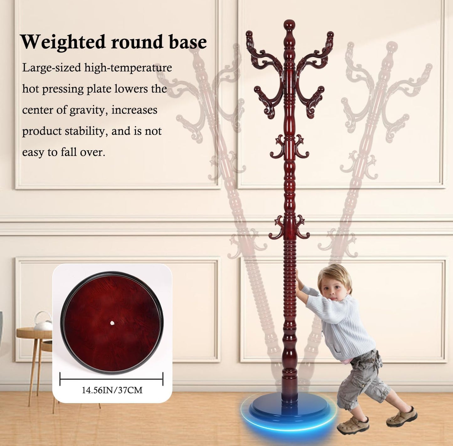 Coat Rack Stand, Solid Wooden Coat Tree with 14 Hooks, Heavy Duty Coat Rack Freestanding with Sturdy Round Base, Natural Birch Wood Coat Hanger Stand for Entryway Bedroom (Rosewood)
